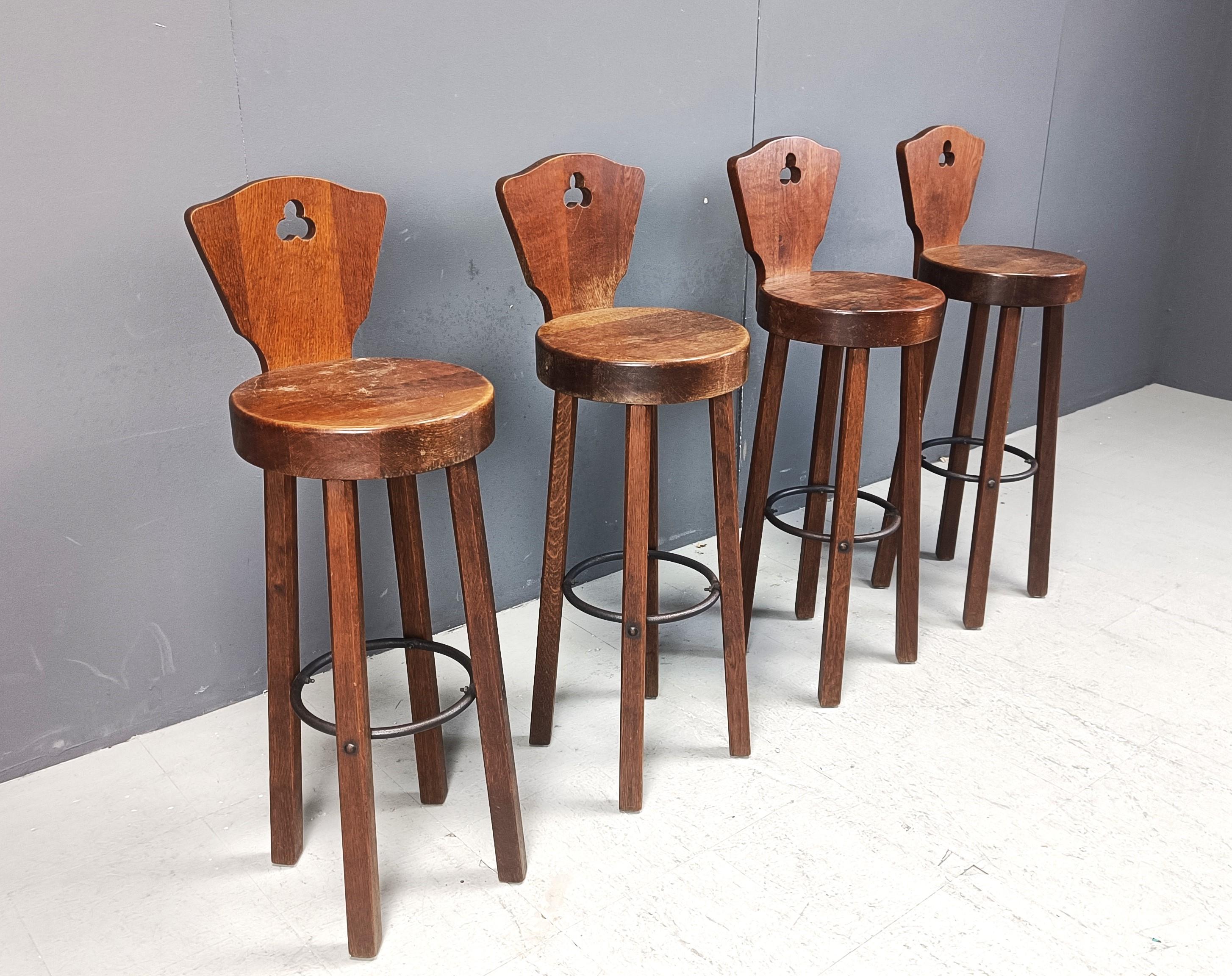 Oak Mid century brutalist bar stools - set of 4, 1960s