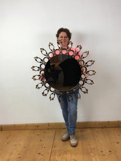 Brutalist Sunburst Mirror, Black Iron with Gold, 1960s