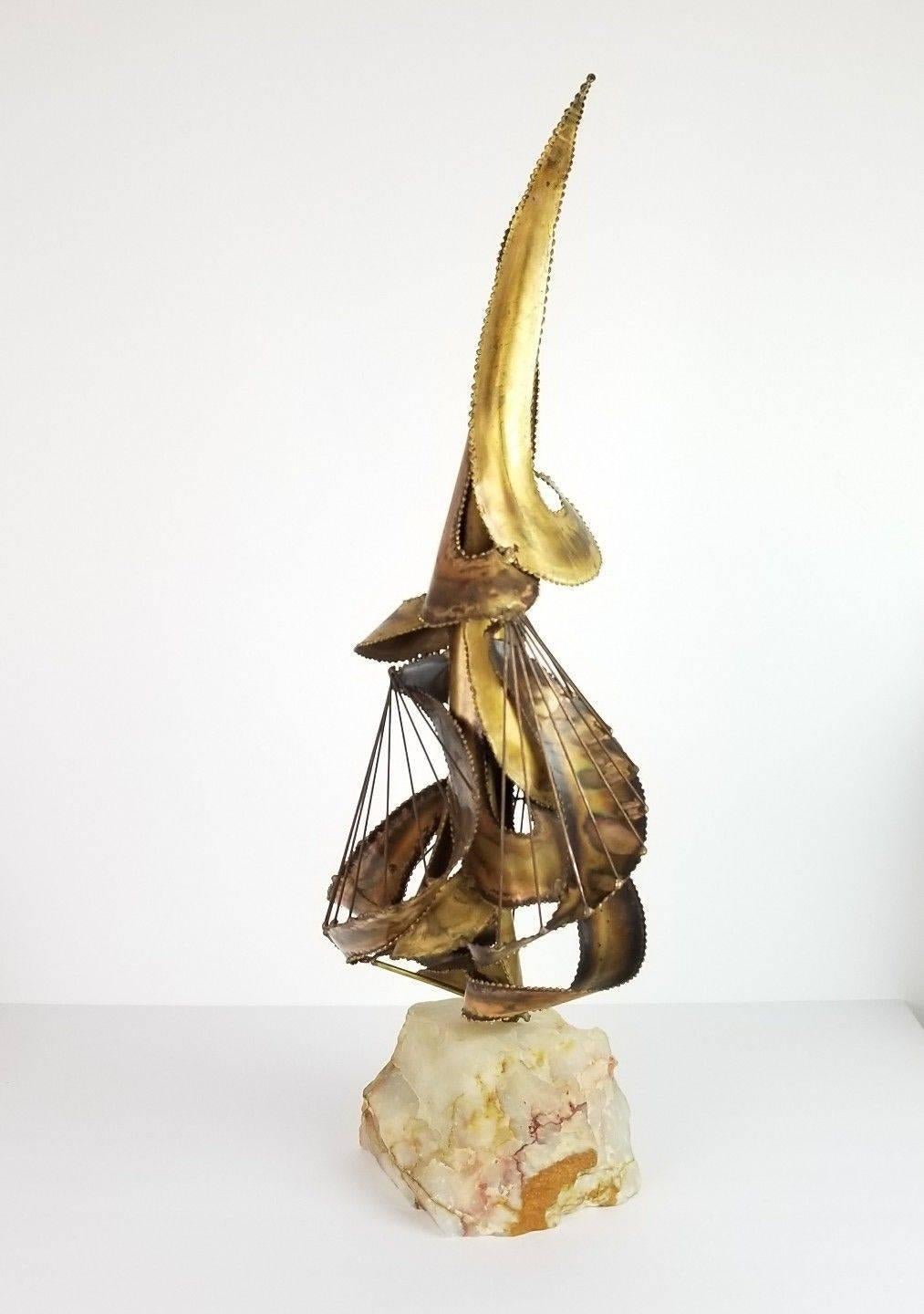 Mid-Century Modern Midcentury Brutalist Brass and Stone Abstract Sculpture For Sale