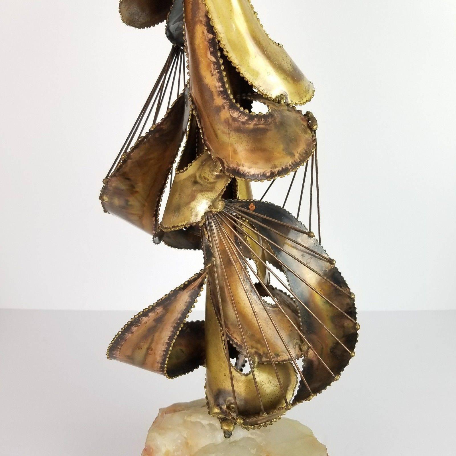 Patinated Midcentury Brutalist Brass and Stone Abstract Sculpture For Sale