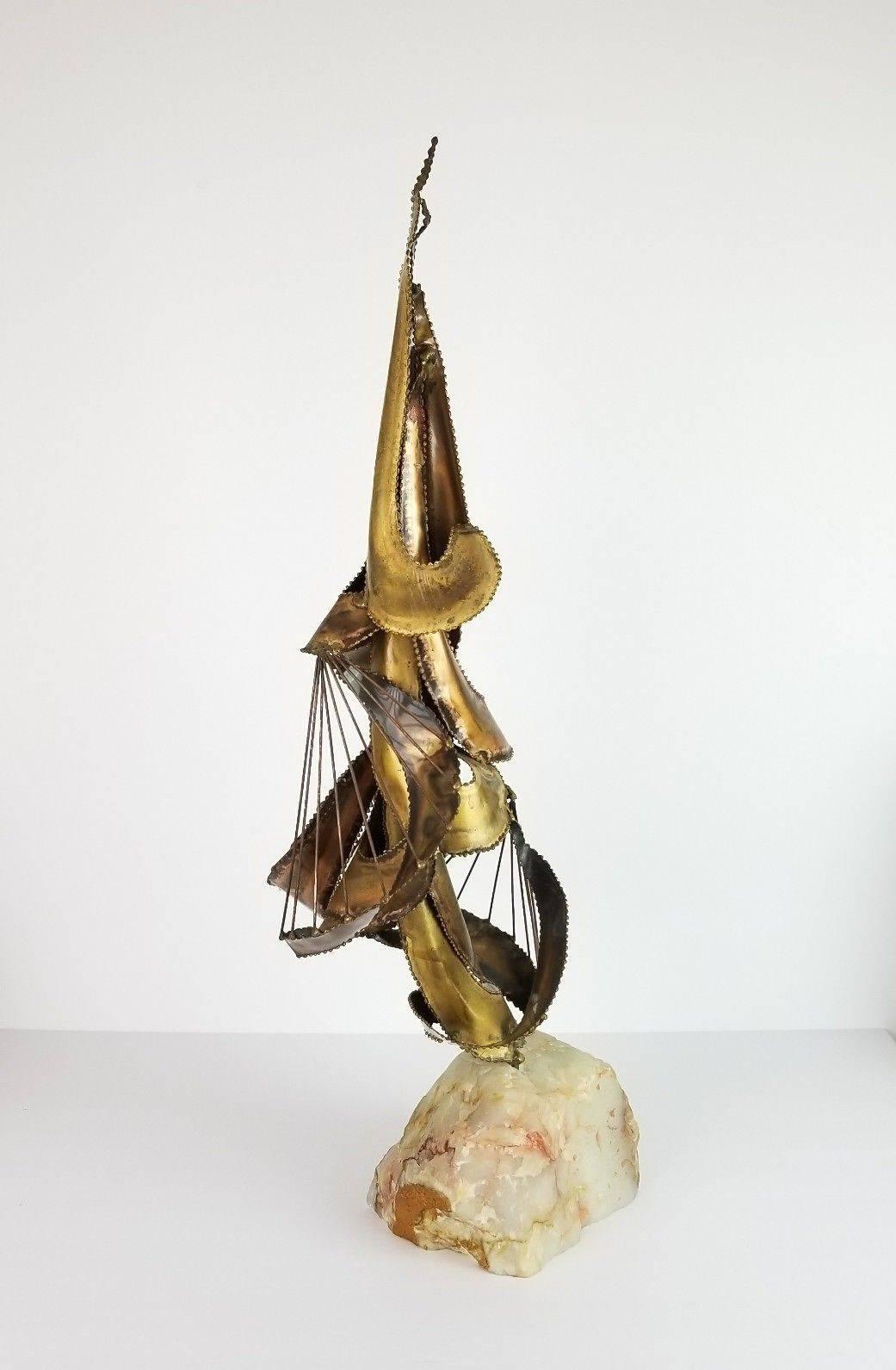 Midcentury Brutalist Brass and Stone Abstract Sculpture In Good Condition For Sale In Sacramento, CA