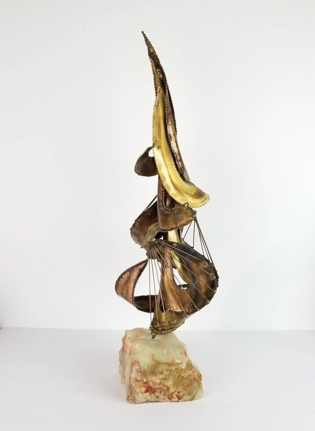 Midcentury Brutalist Brass and Stone Abstract Sculpture For Sale 1