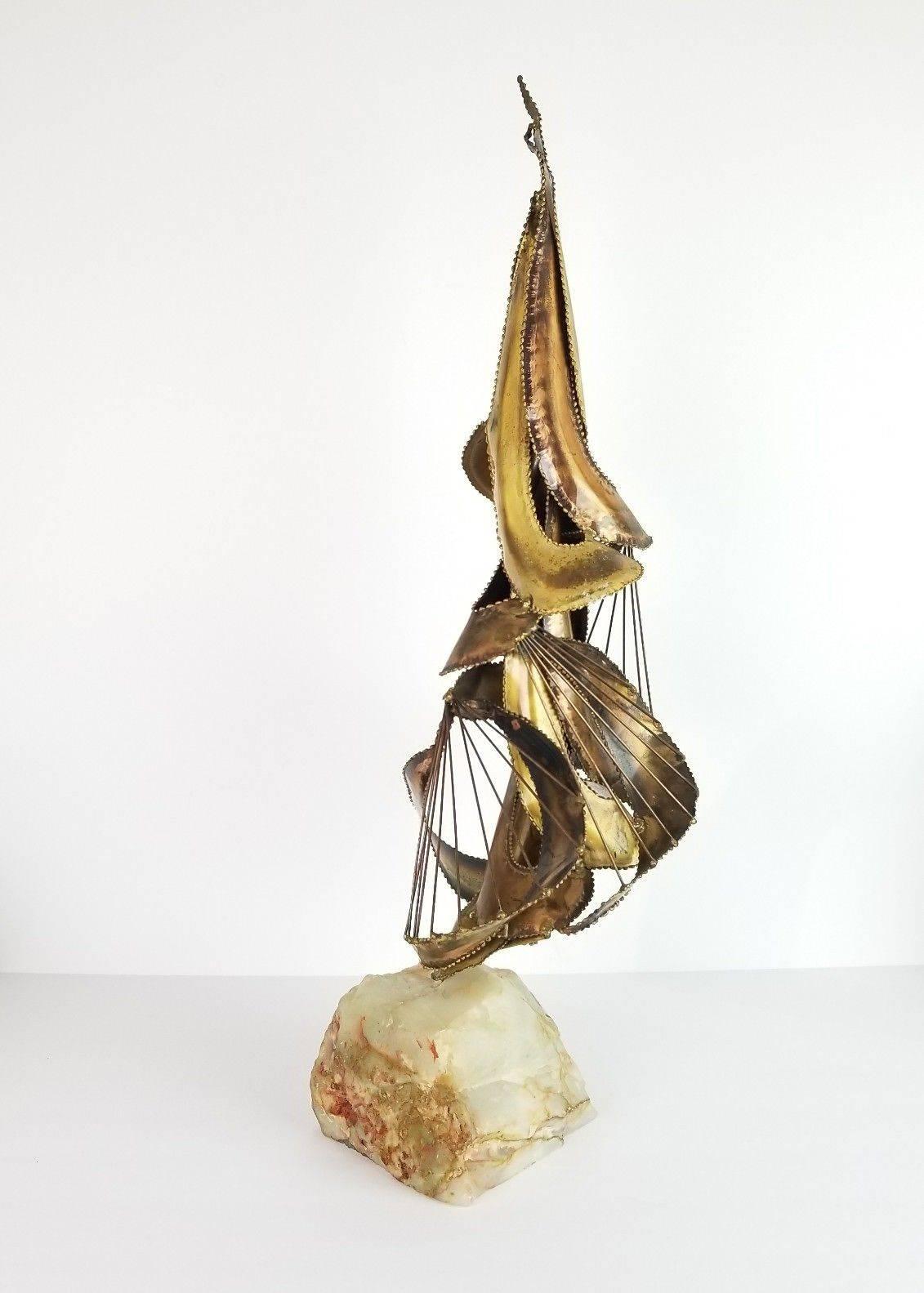 Midcentury Brutalist Brass and Stone Abstract Sculpture For Sale 2