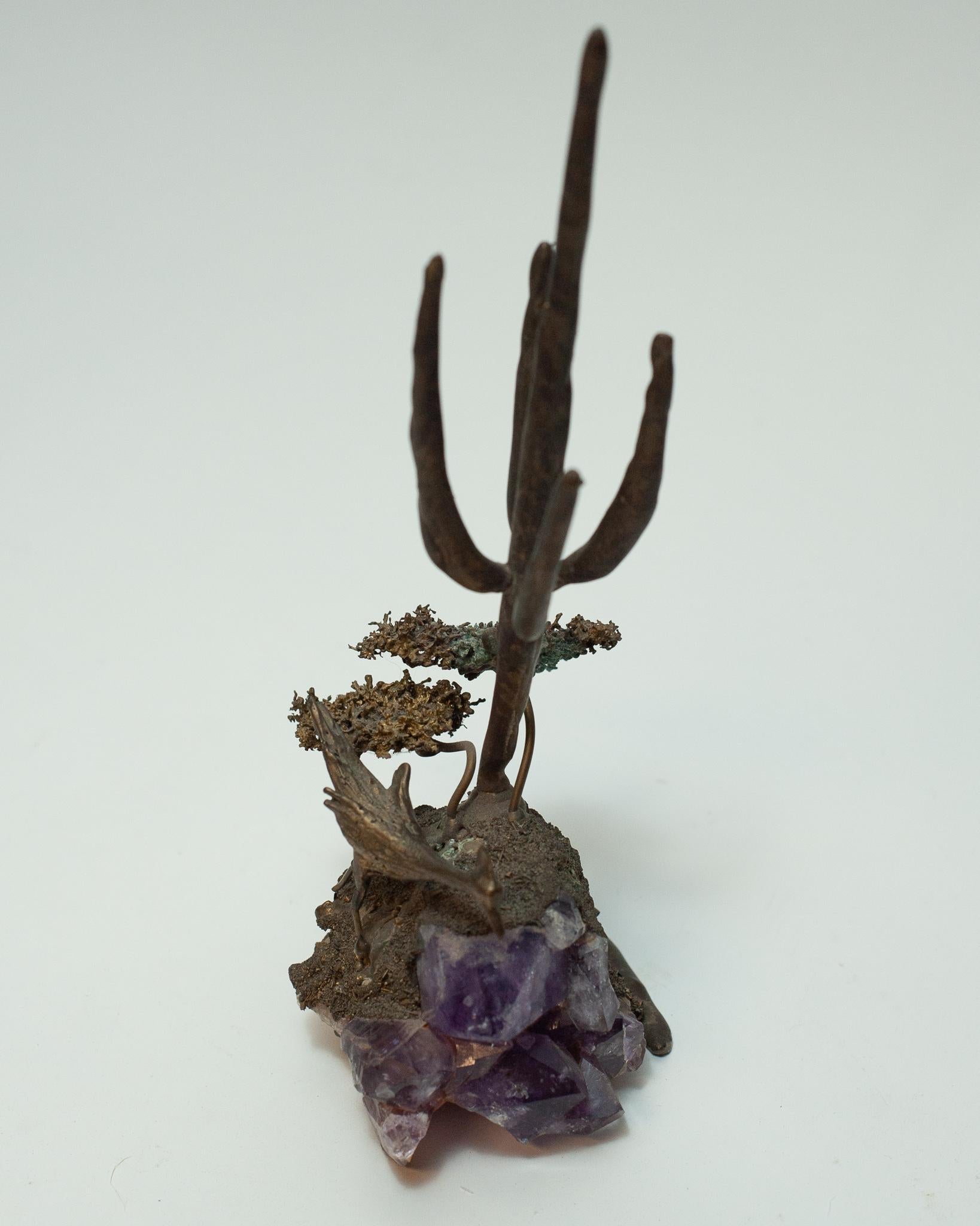 American Mid Century Brutalist Bronze and Amethyst Sculpture with Bird and Cactus For Sale