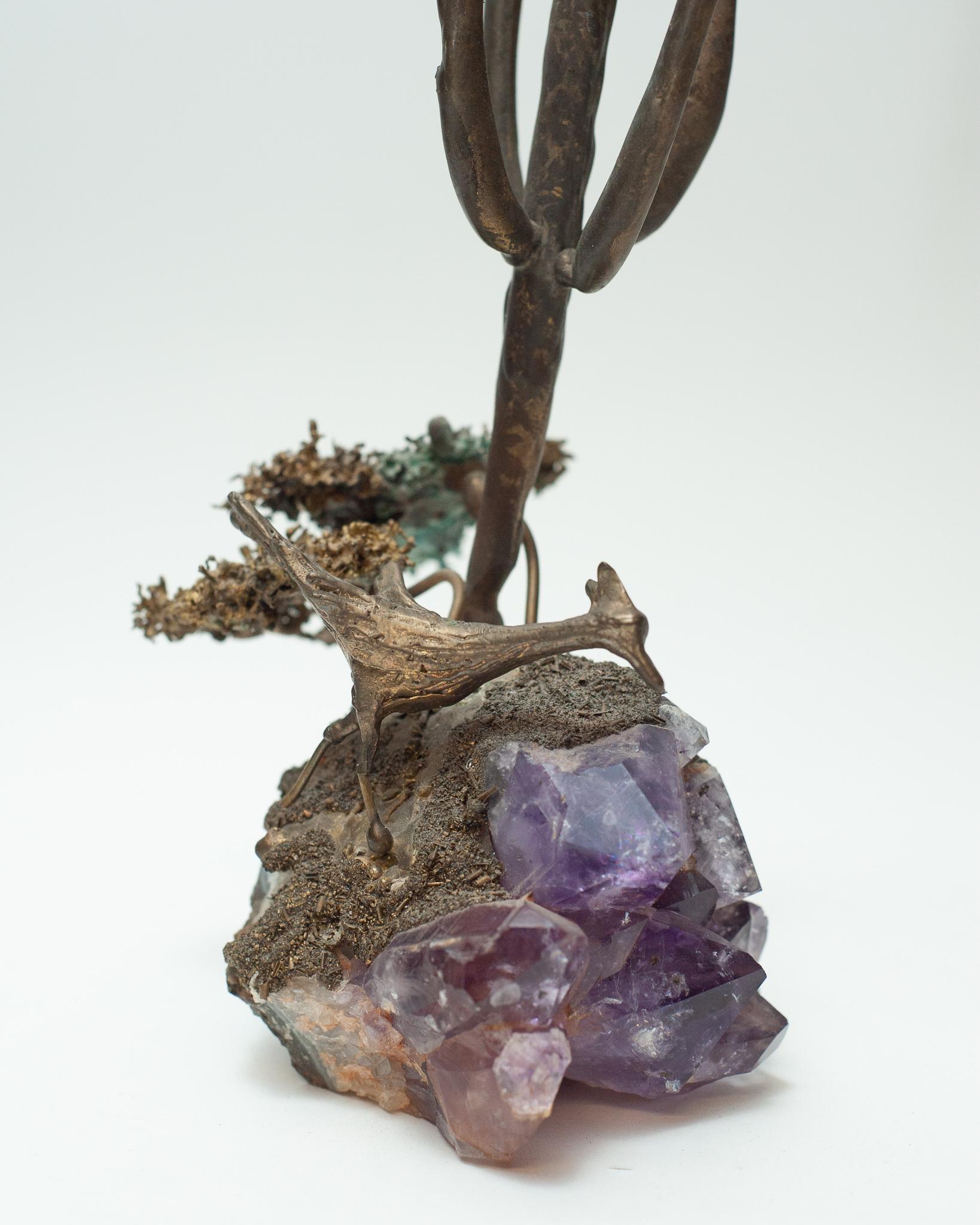 Mid Century Brutalist Bronze and Amethyst Sculpture with Bird and Cactus In Good Condition For Sale In Toronto, ON