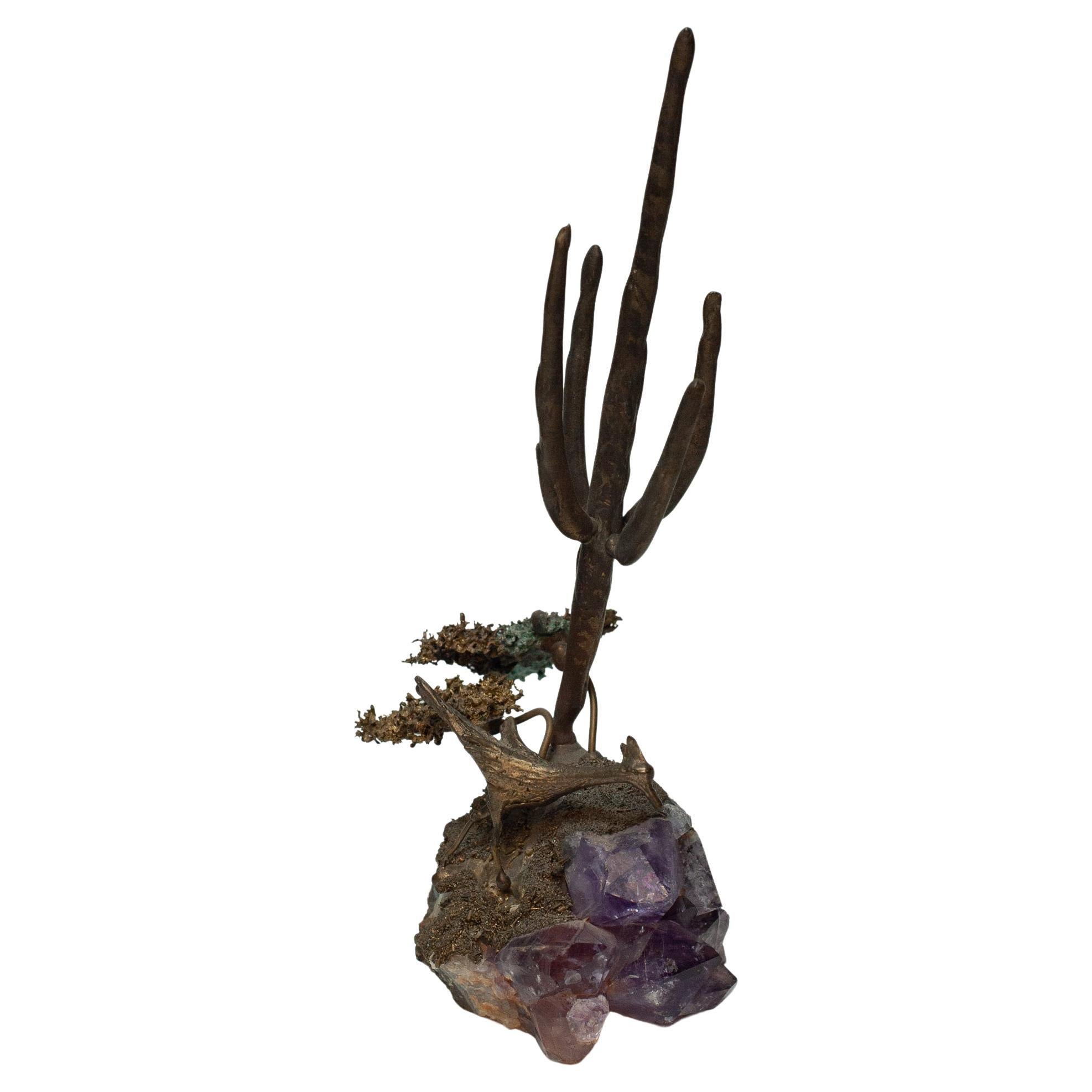 Mid Century Brutalist Bronze and Amethyst Sculpture with Bird and Cactus For Sale