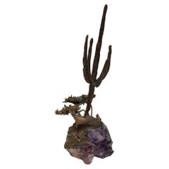 Vintage Mid Century Brutalist Bronze and Amethyst Sculpture with Bird and Cactus