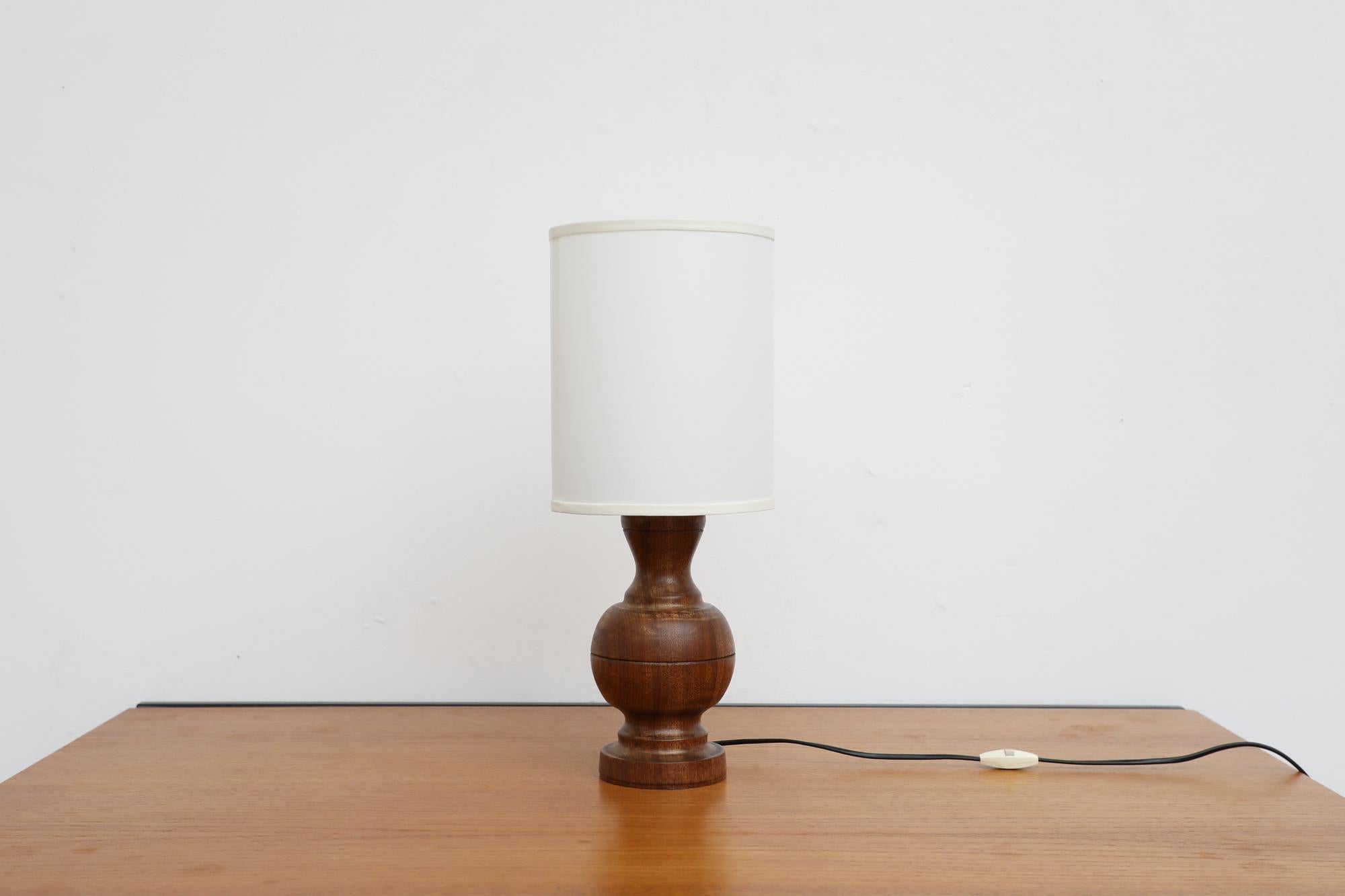 Swedish Mid-Century Brutalist Carved Mahogany Table Lamp with New Linen Shade