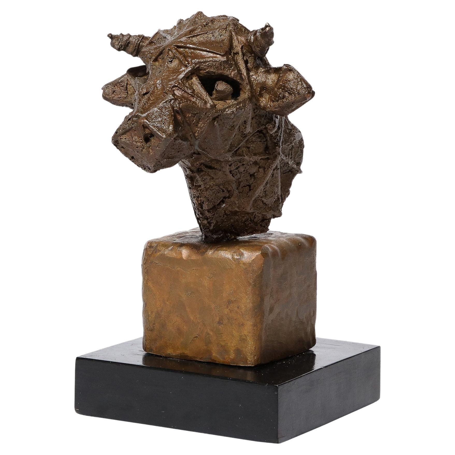 Mid Century Brutalist Caste Bronze Bull's Head Sculpture  signed Valdema Balutis For Sale