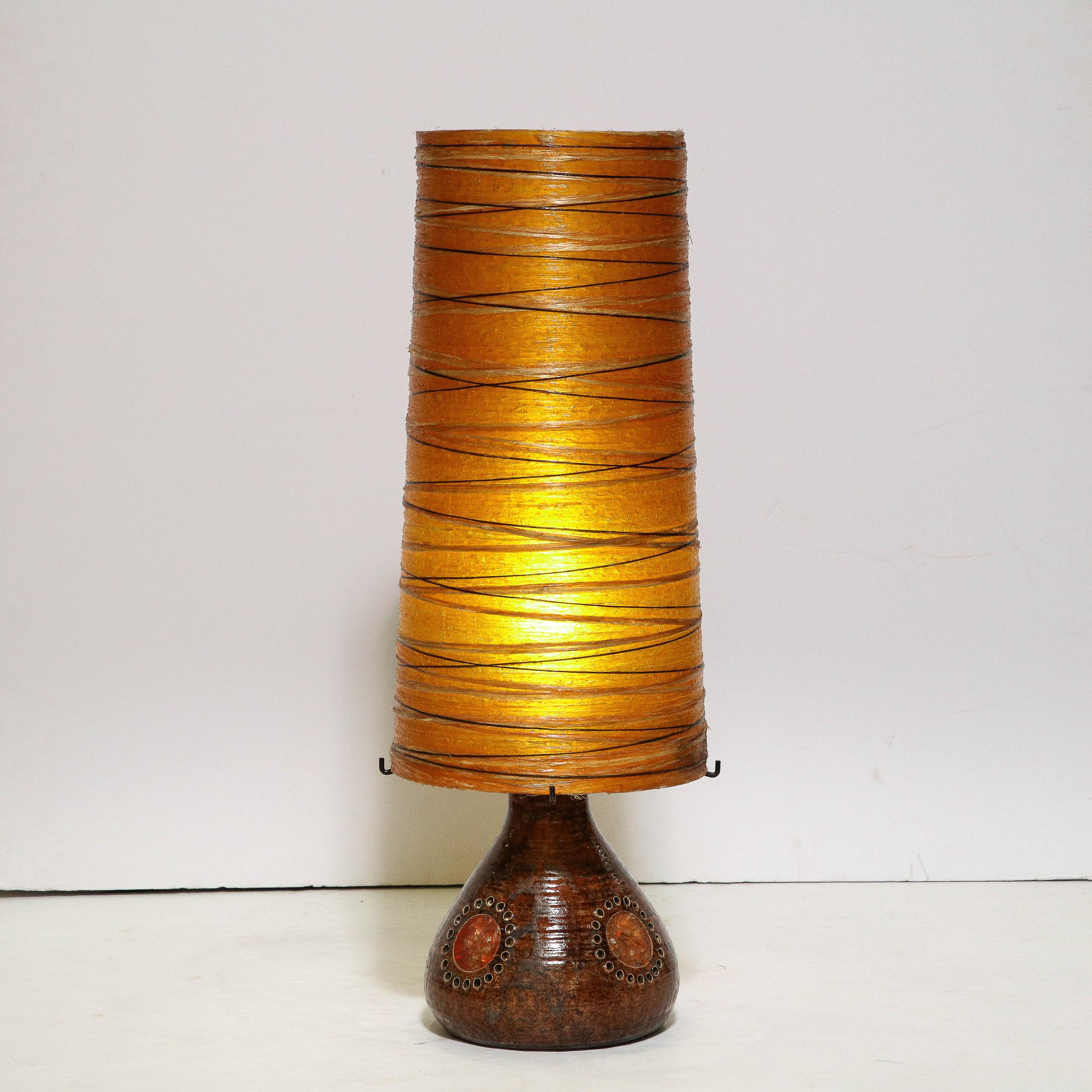 Midcentury Brutalist Ceramic Table Lamp with Horizontally Striated Resin Shade In Excellent Condition For Sale In New York, NY
