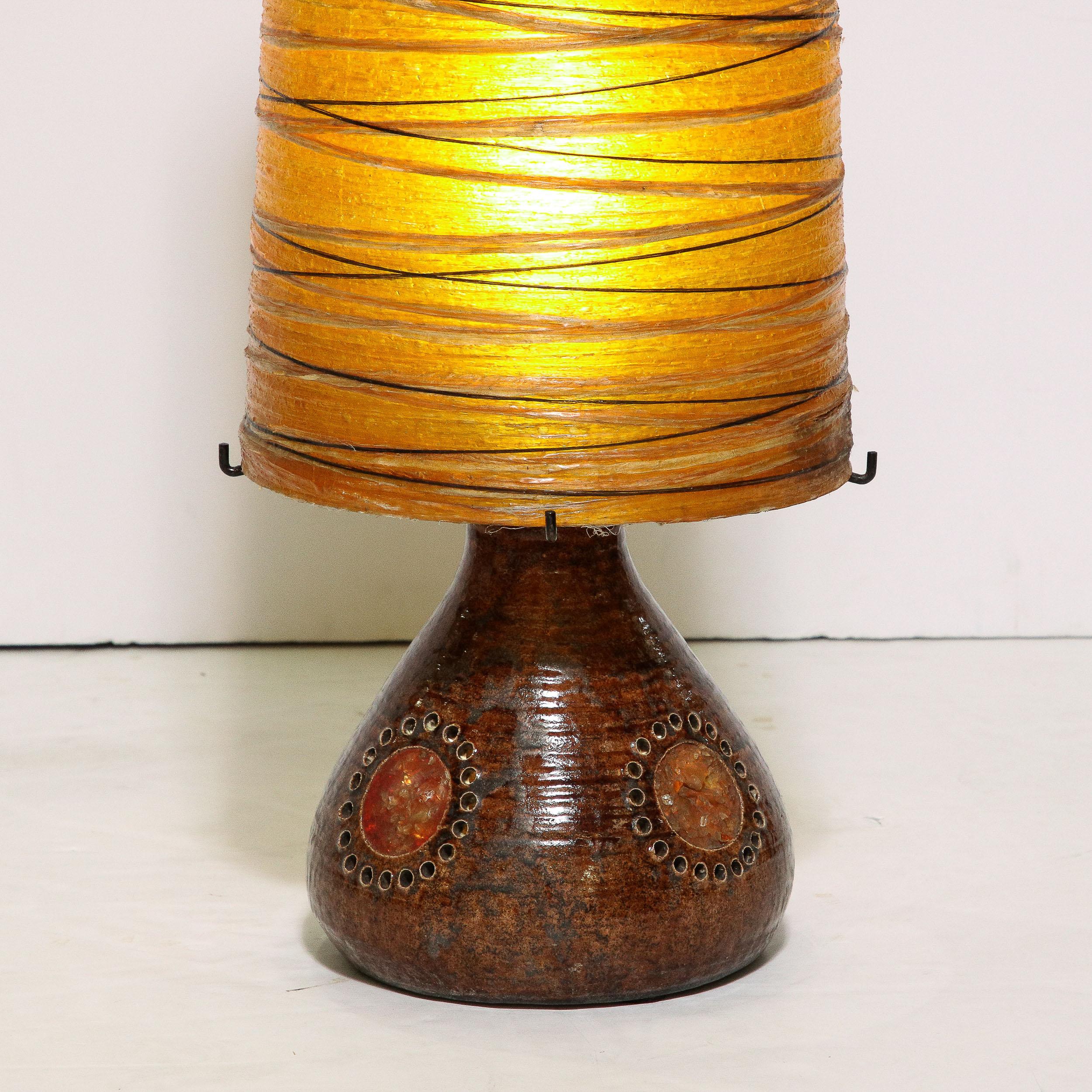 Mid-20th Century Midcentury Brutalist Ceramic Table Lamp with Horizontally Striated Resin Shade For Sale