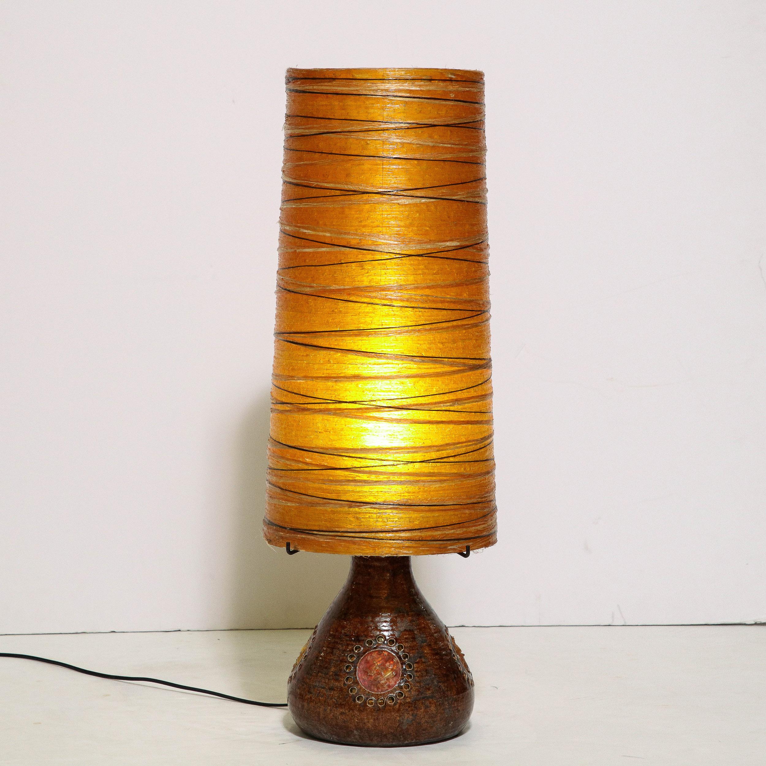 Midcentury Brutalist Ceramic Table Lamp with Horizontally Striated Resin Shade For Sale 1