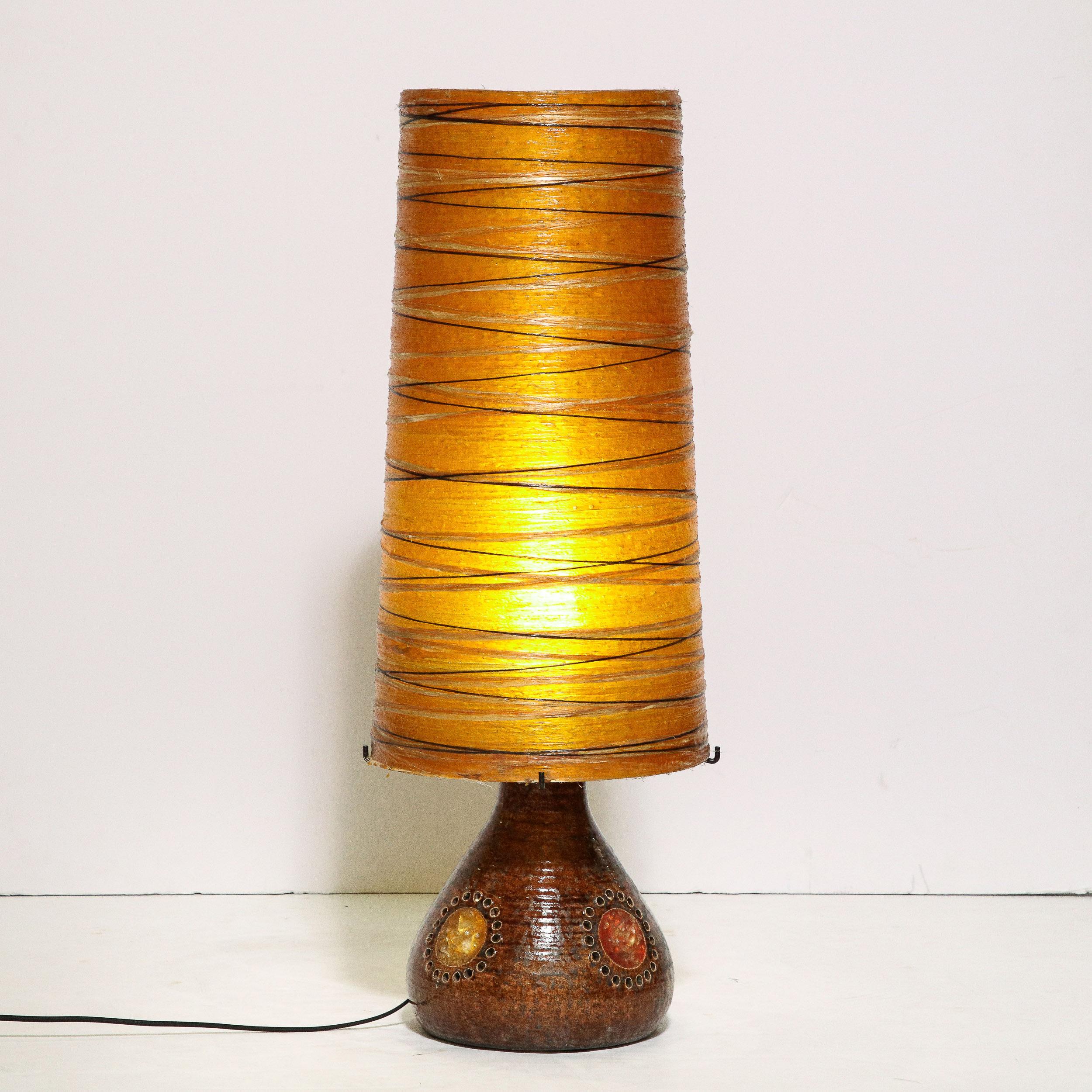 Midcentury Brutalist Ceramic Table Lamp with Horizontally Striated Resin Shade For Sale 3