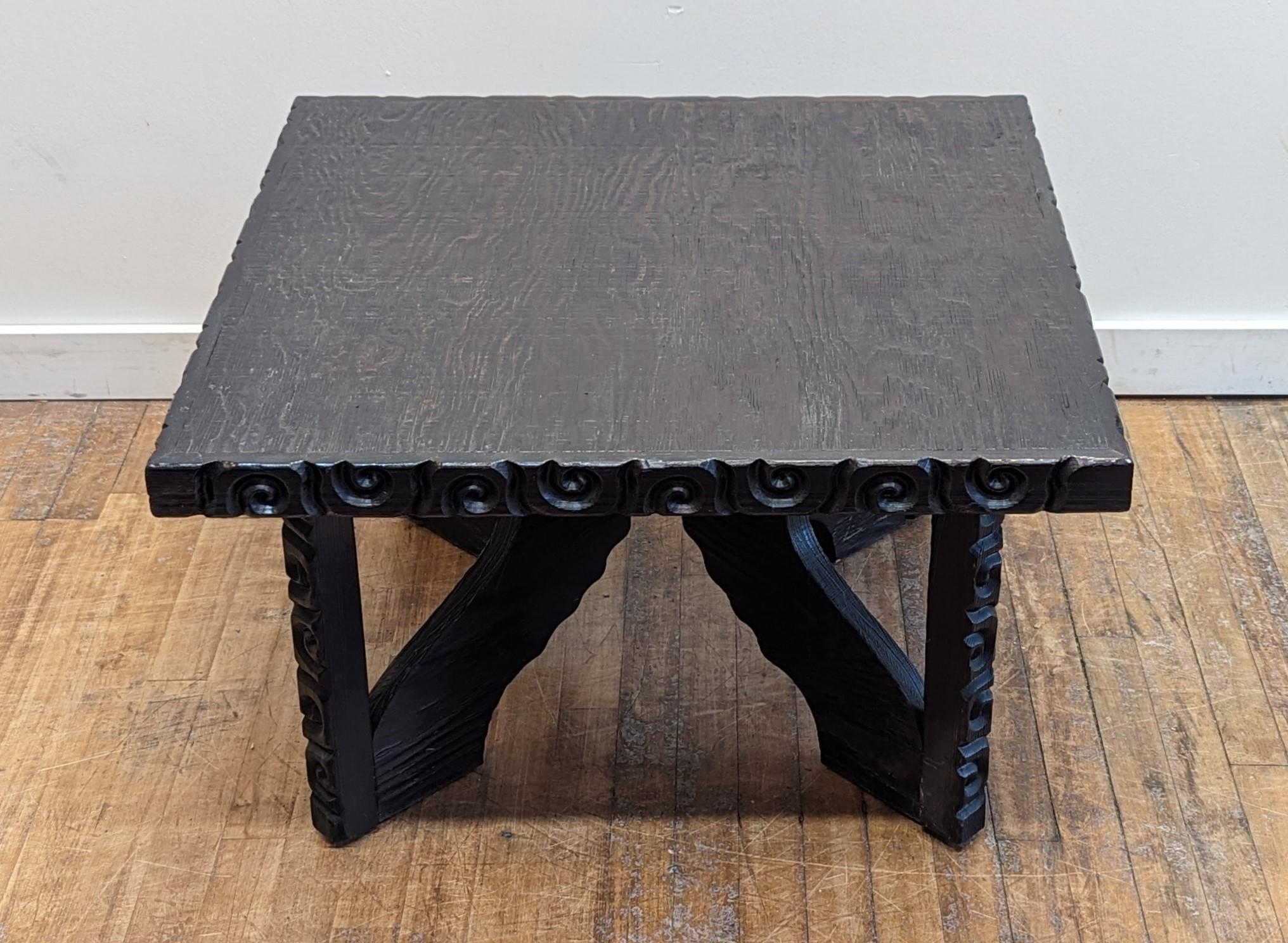 Mid Century Brutalist Table by William Westenhaver for Witco.  Amazing original condition Brutalist coffee, cocktail, side, end table.  Solid Pine wood carved sculpted frame and leg facers on layered 1 inch pine.  Ebonized appearing charred having a