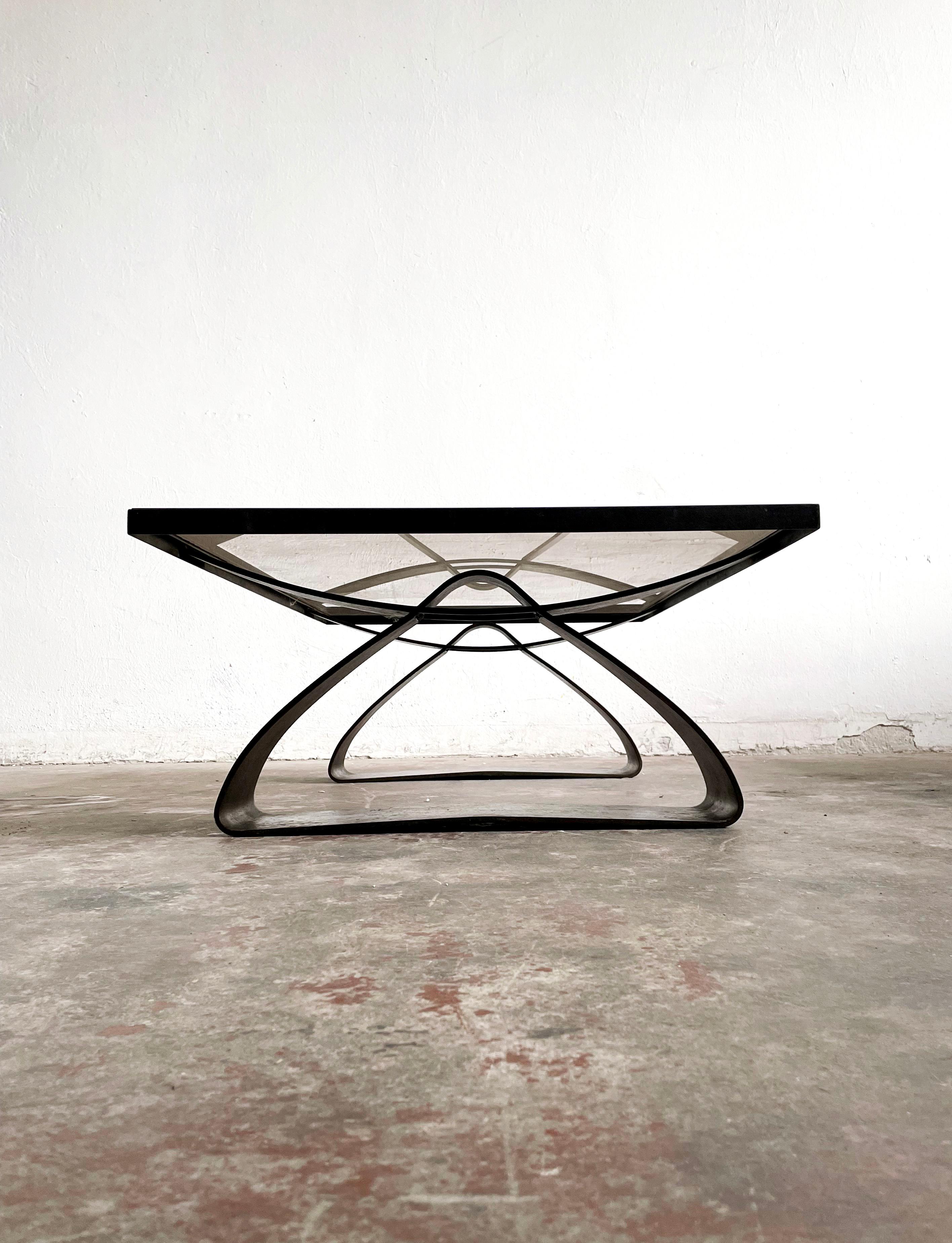 Mid Century, Brutalist Coffee Table, Patinated Metal Frame and Smoked Glass Top 5