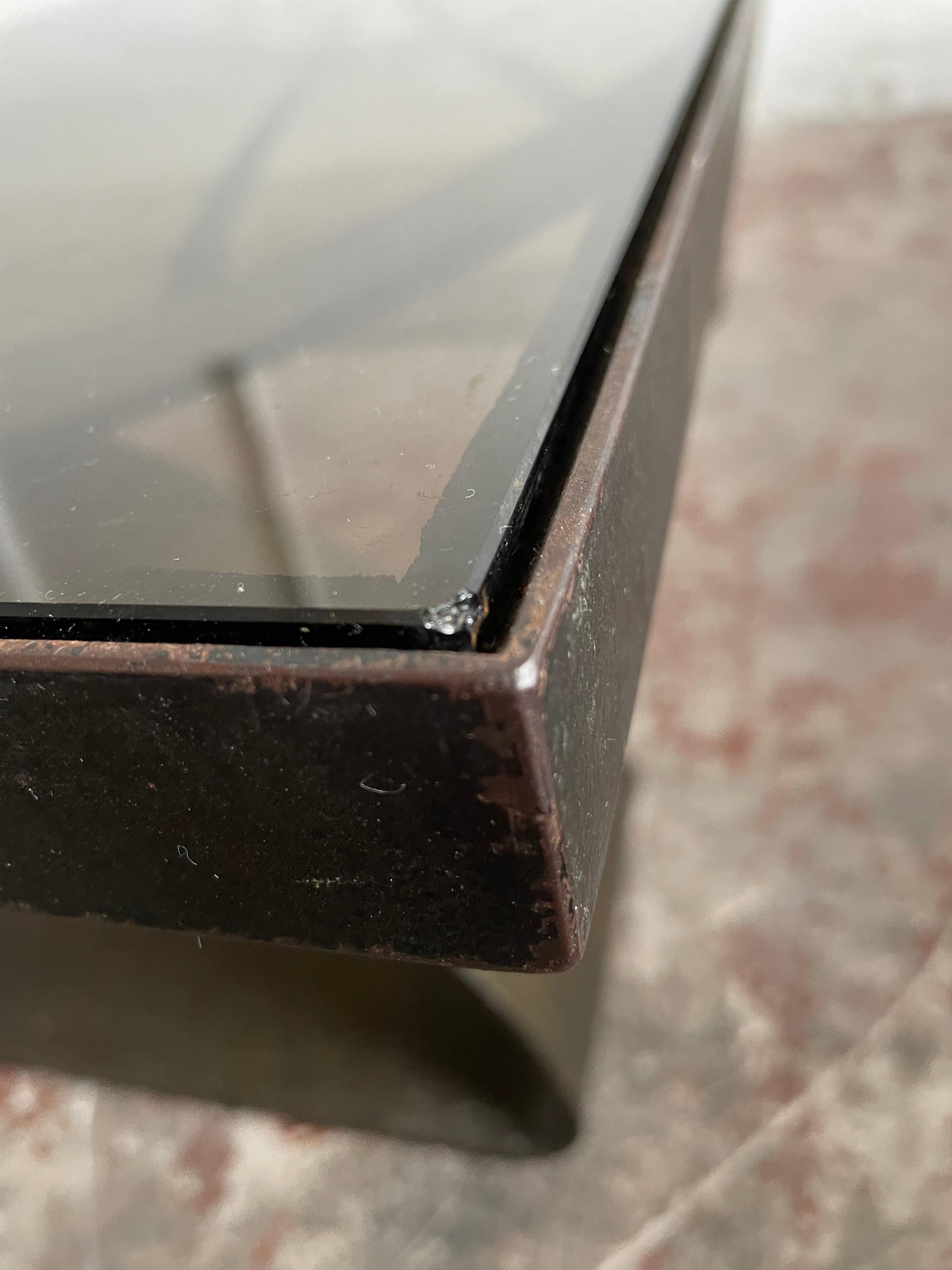Mid Century, Brutalist Coffee Table, Patinated Metal Frame and Smoked Glass Top 6