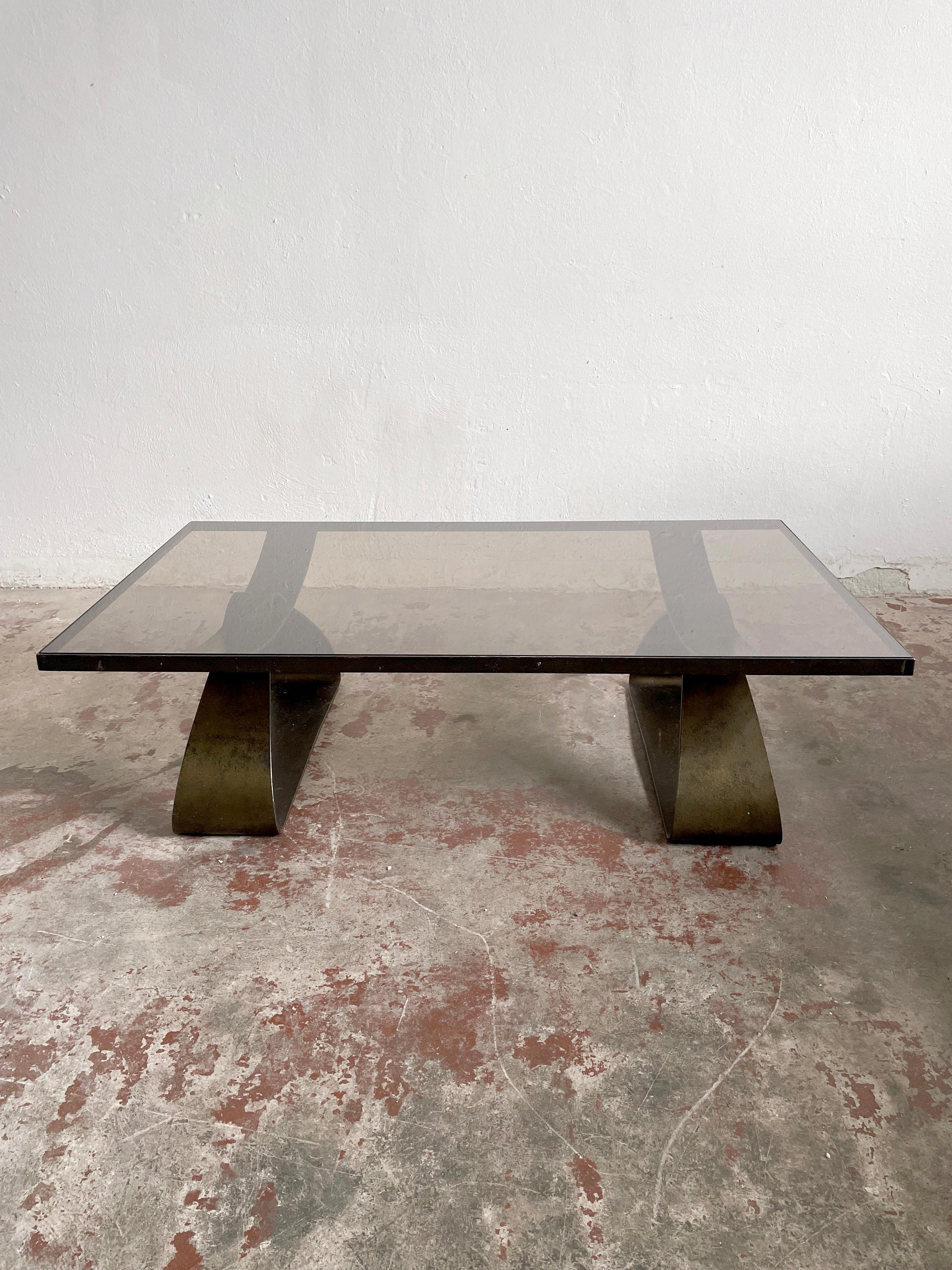 European Mid Century, Brutalist Coffee Table, Patinated Metal Frame and Smoked Glass Top