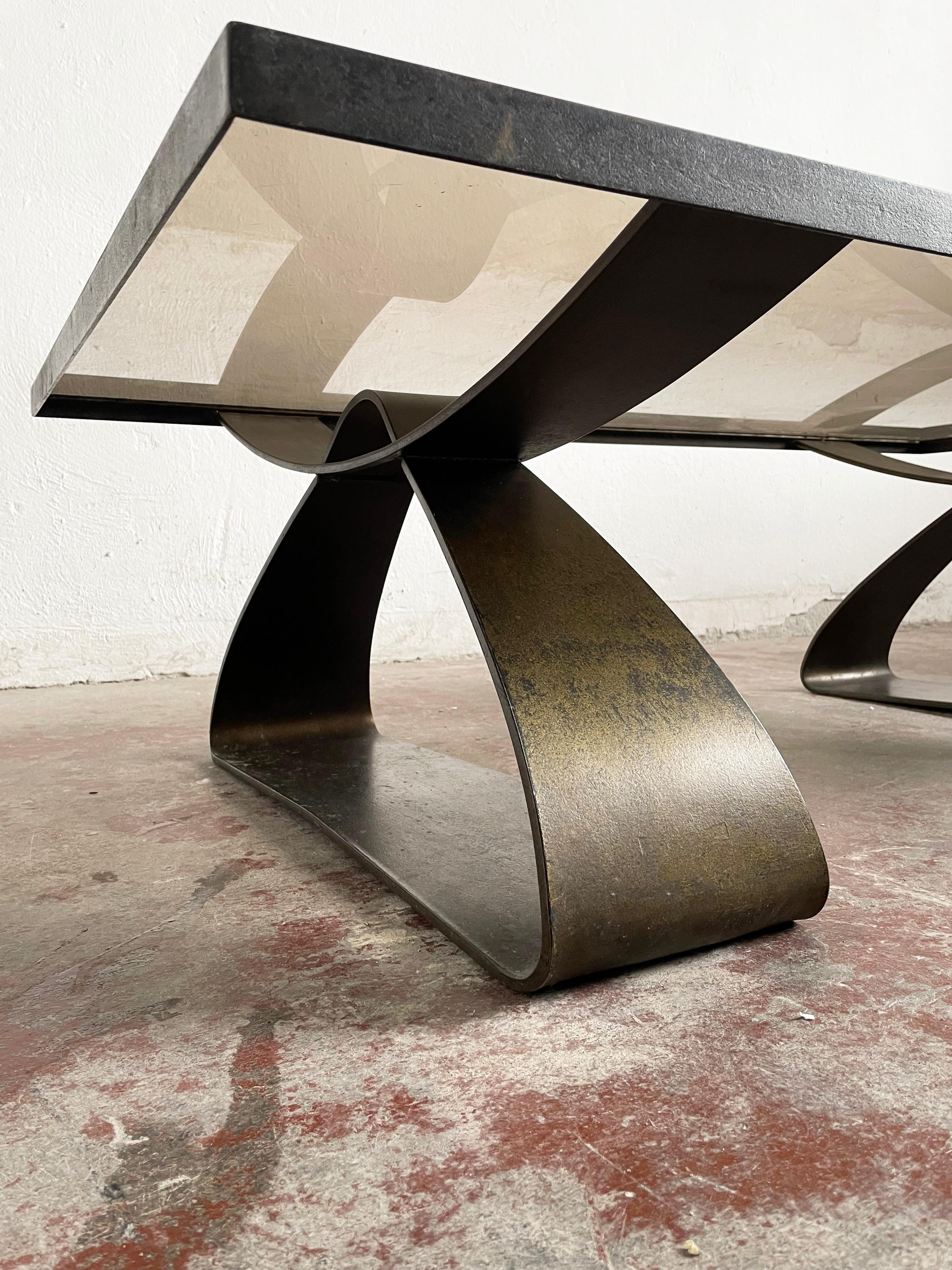 20th Century Mid Century, Brutalist Coffee Table, Patinated Metal Frame and Smoked Glass Top