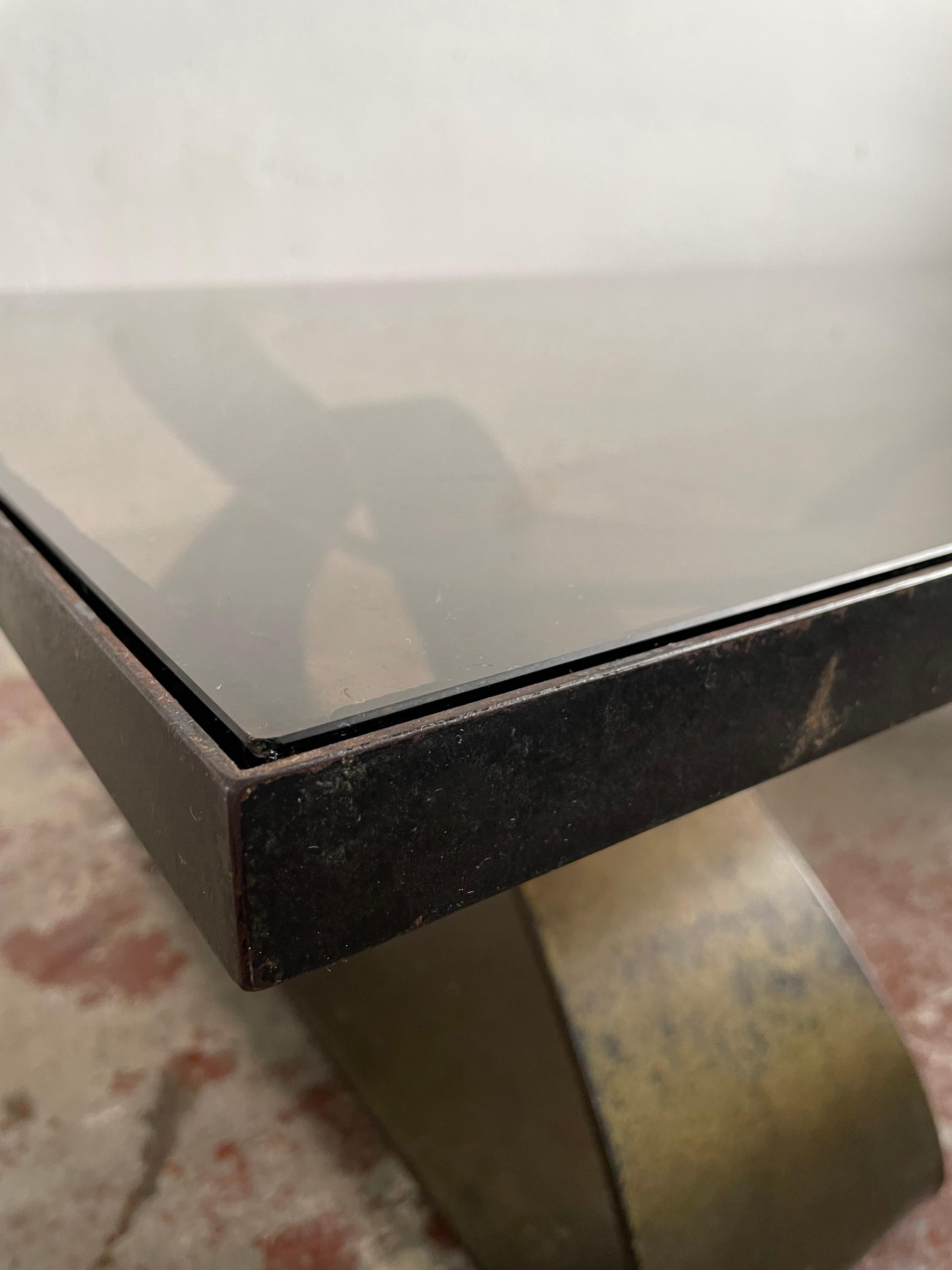 Mid Century, Brutalist Coffee Table, Patinated Metal Frame and Smoked Glass Top 1