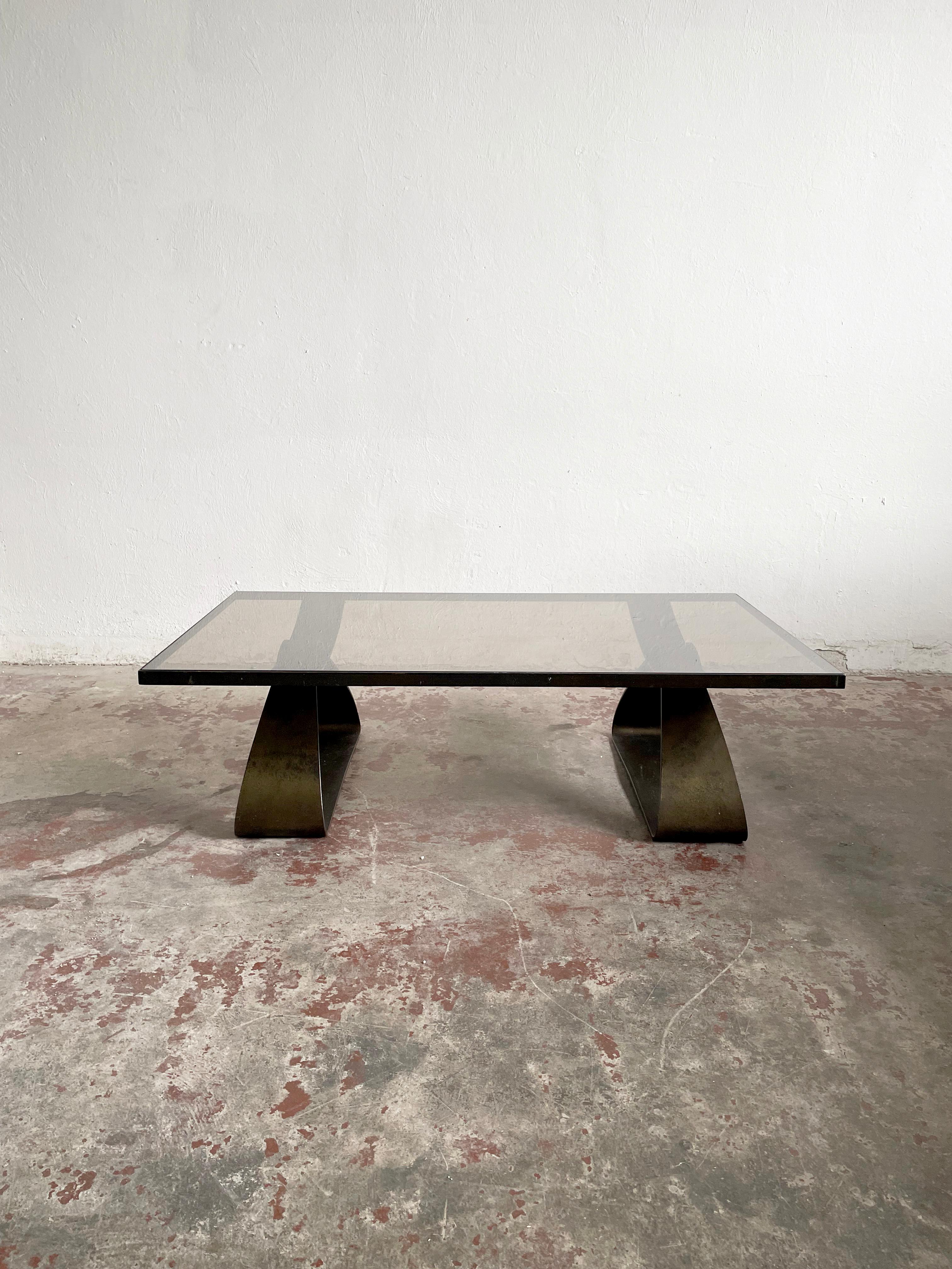 Mid Century, Brutalist Coffee Table, Patinated Metal Frame and Smoked Glass Top 2