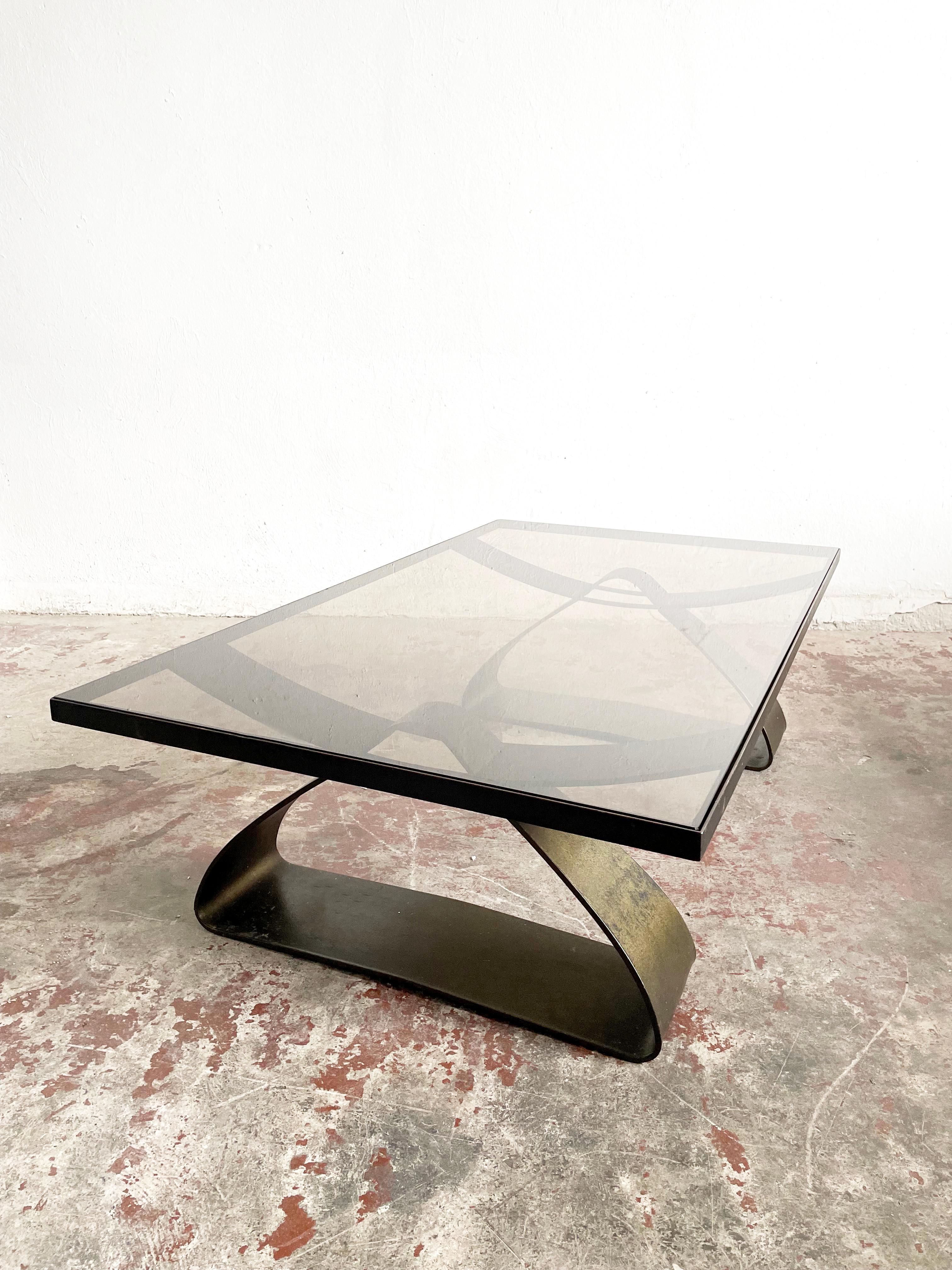Mid Century, Brutalist Coffee Table, Patinated Metal Frame and Smoked Glass Top 3