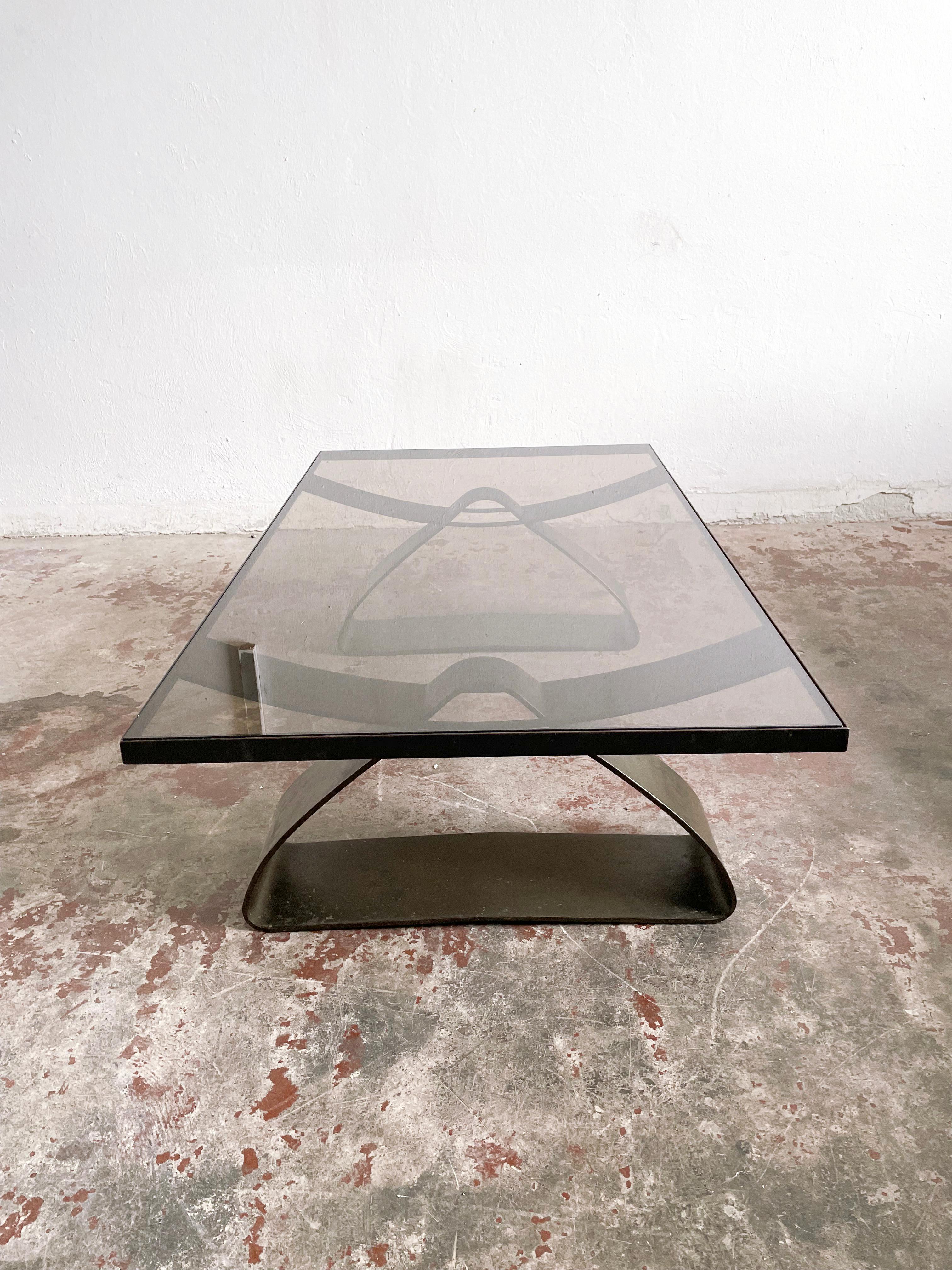 Mid Century, Brutalist Coffee Table, Patinated Metal Frame and Smoked Glass Top 4