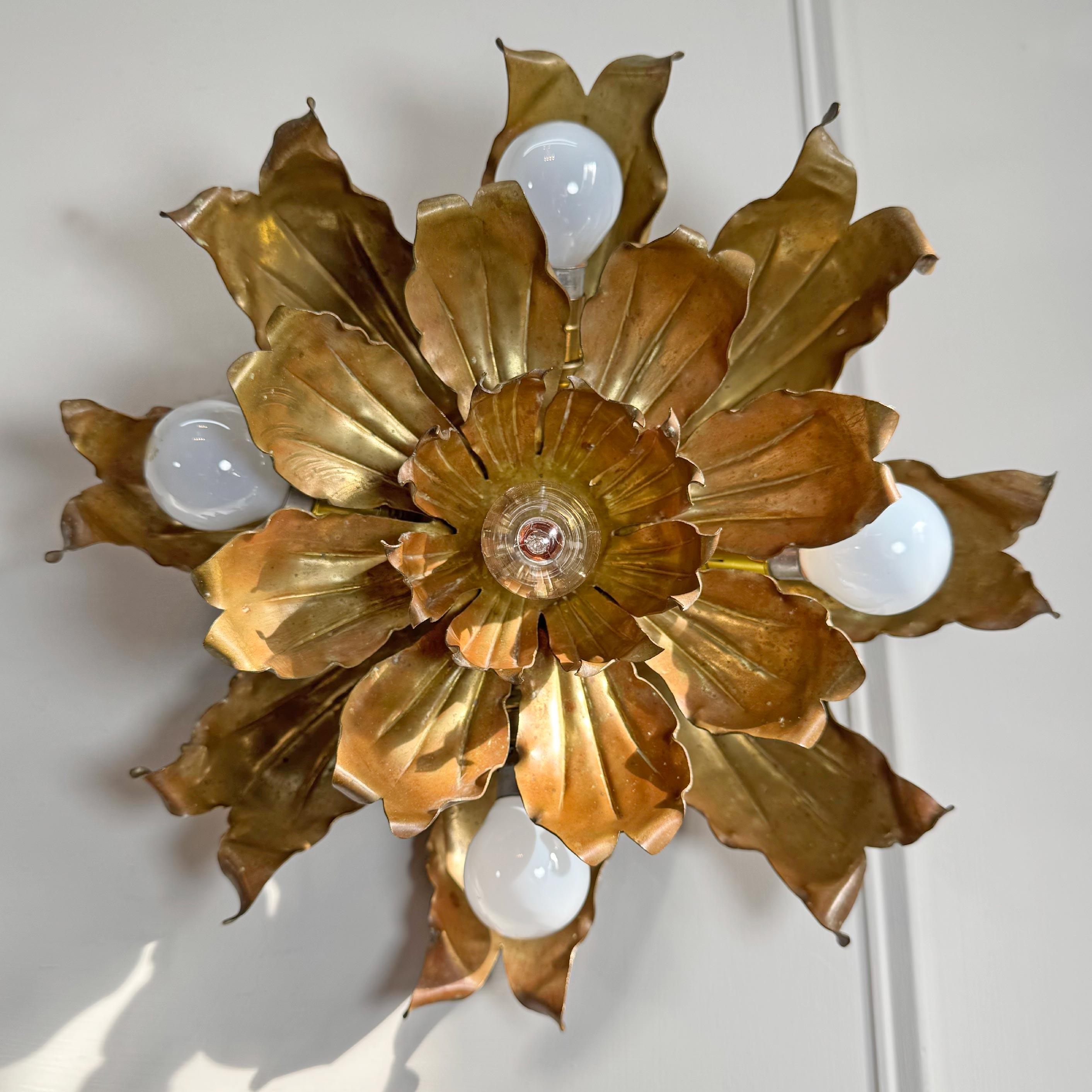 Mid Century Brutalist Copper and Brass Flower Ceiling Light For Sale 3