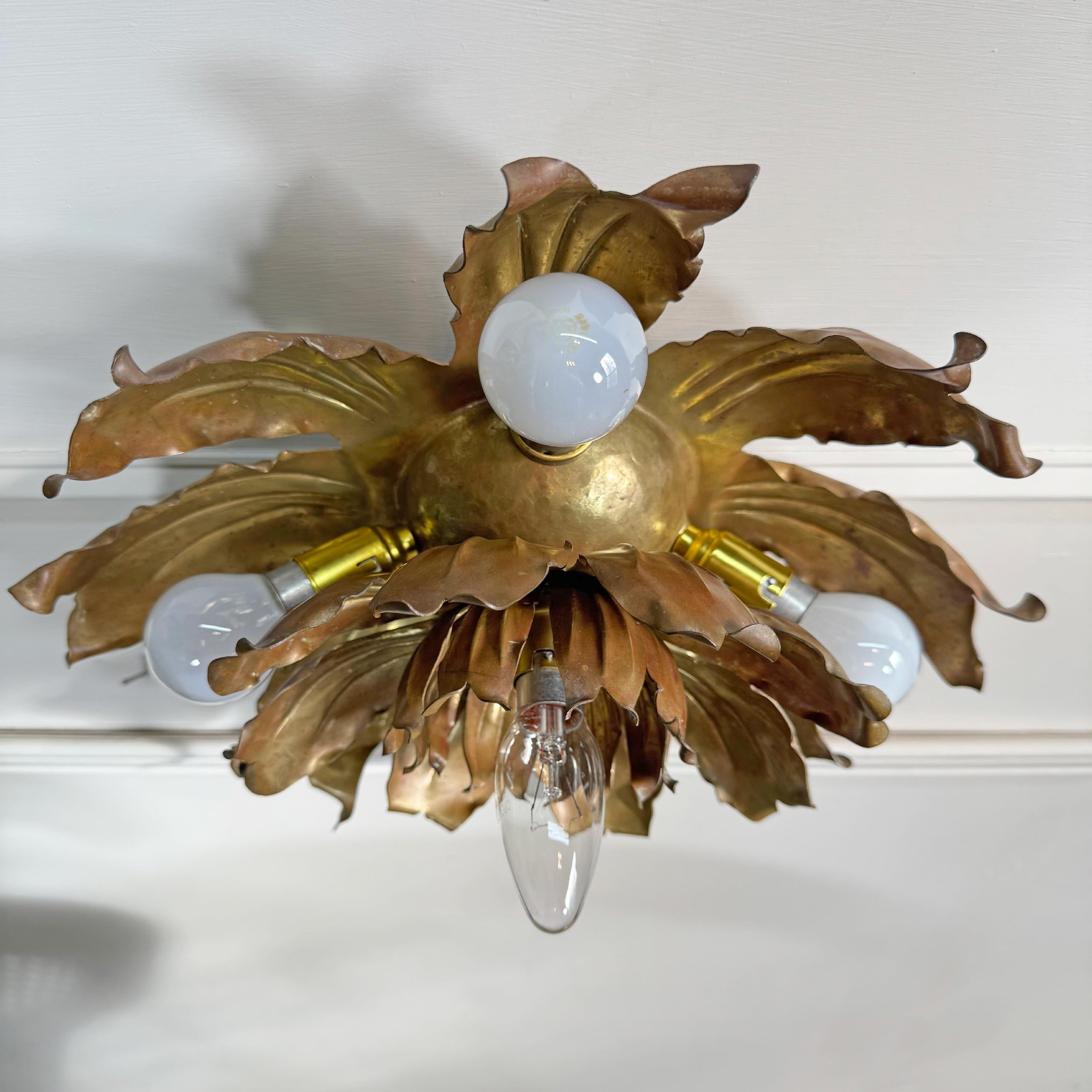Mid Century Brutalist Copper and Brass Flower Ceiling Light For Sale 4