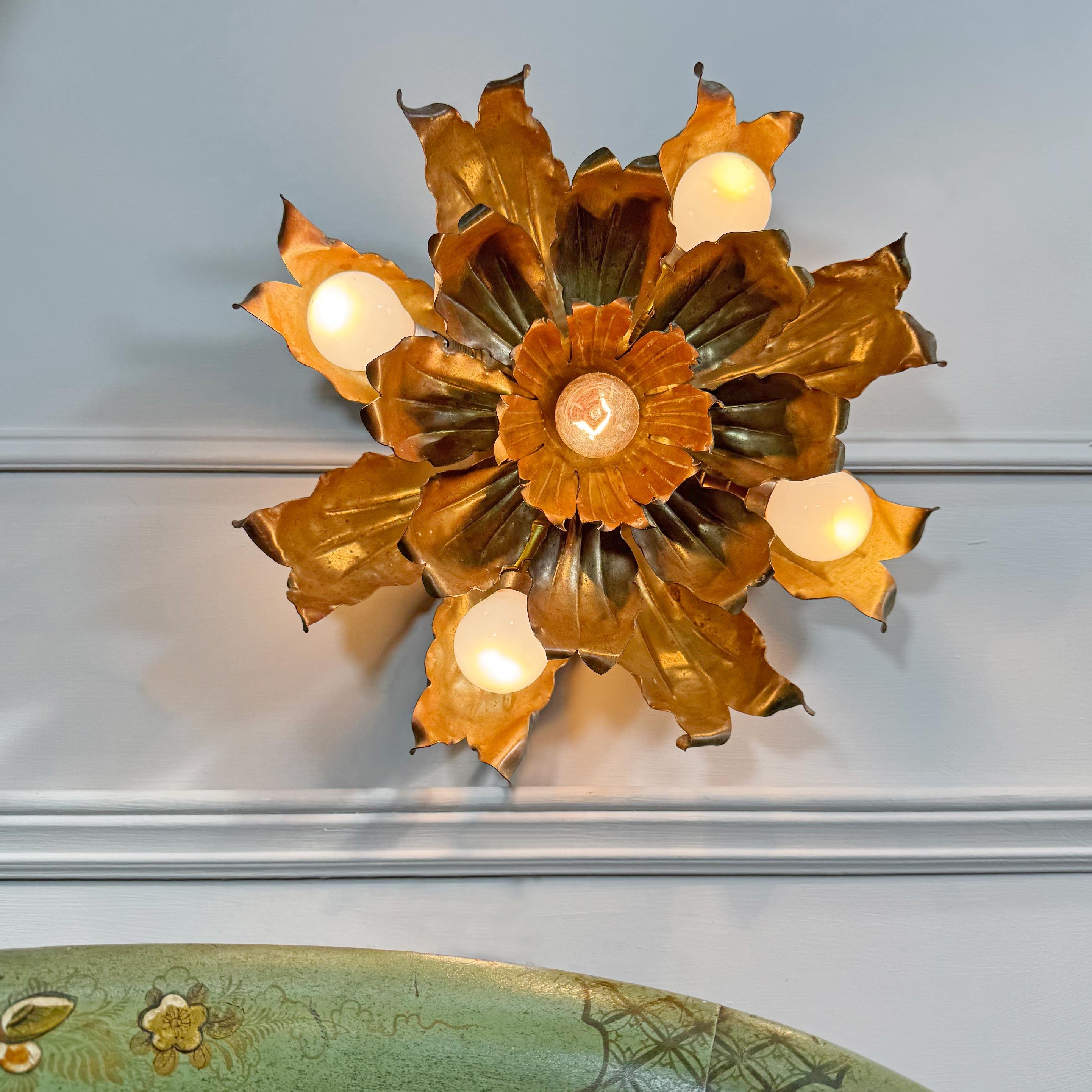 Mid Century Brutalist Copper and Brass Flower Ceiling Light For Sale 5