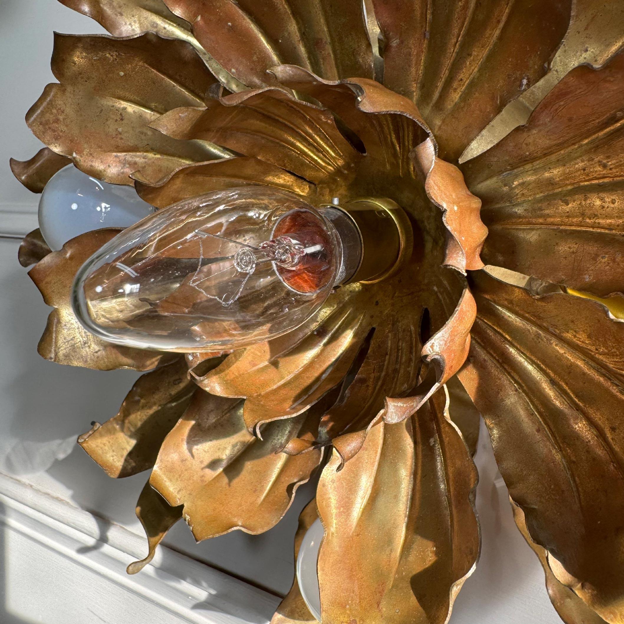 Mid Century Brutalist Copper and Brass Flower Ceiling Light For Sale 6