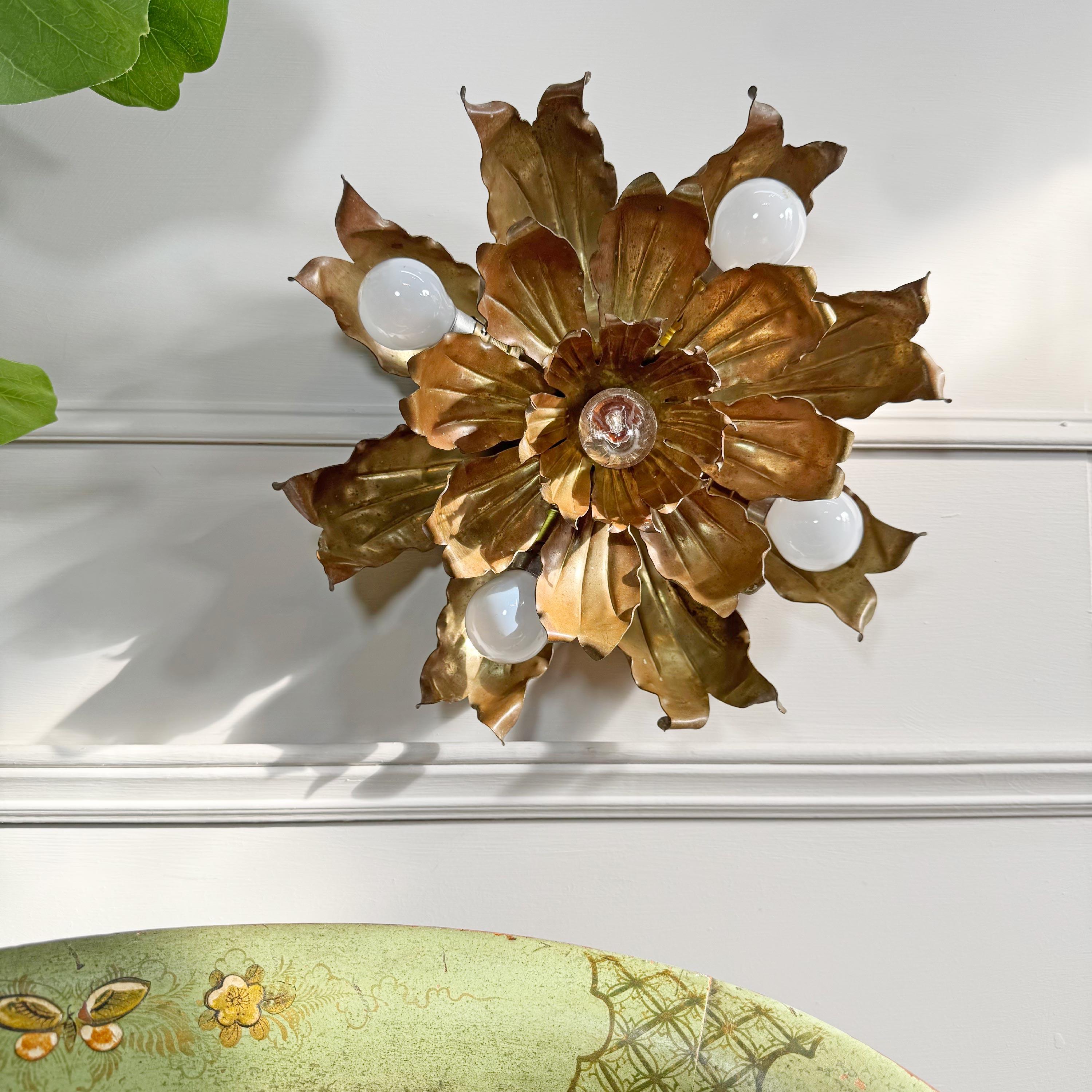 Mid Century Brutalist Copper and Brass Flower Ceiling Light For Sale 7