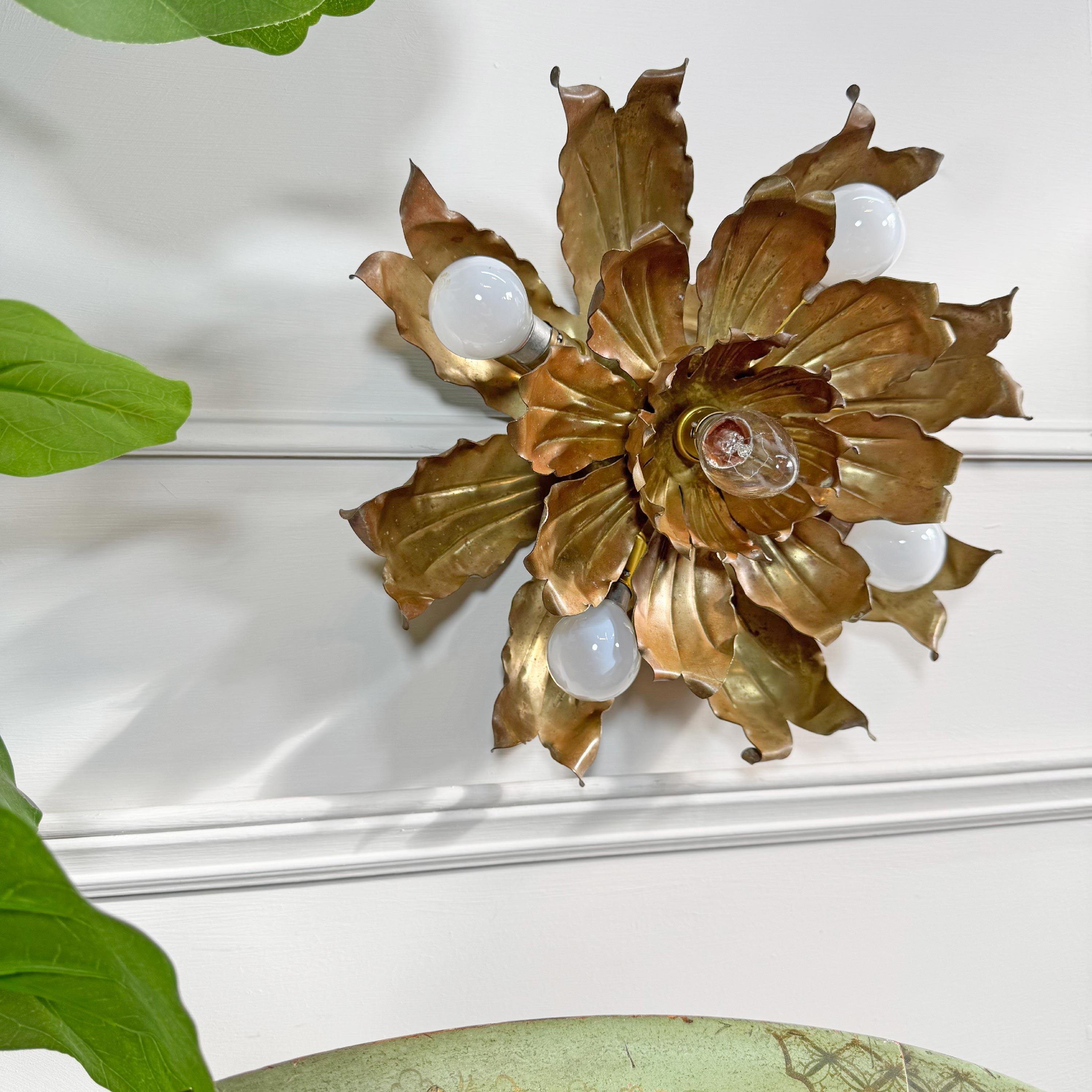 Mid Century Brutalist Copper and Brass Flower Ceiling Light For Sale 8