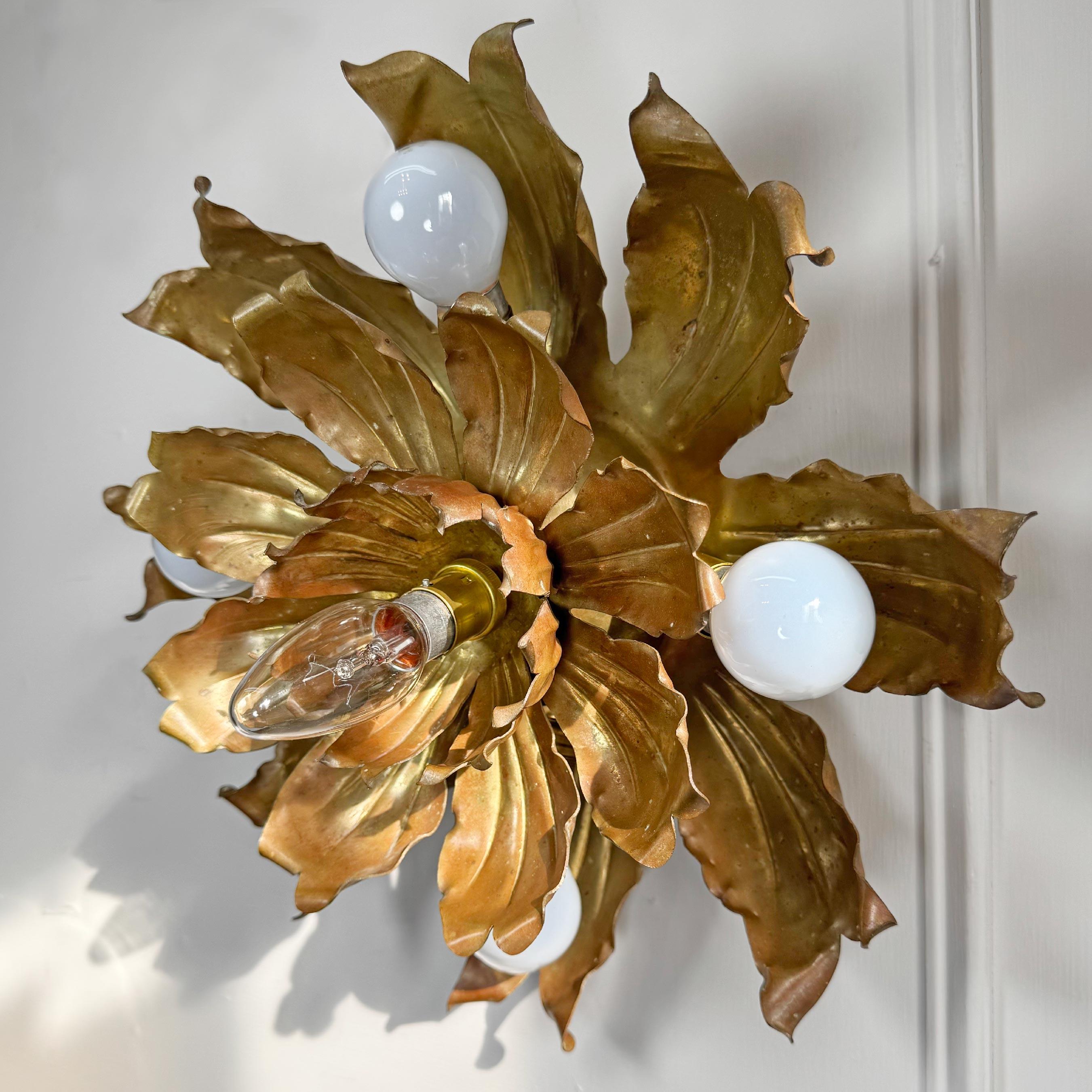 Mid Century Brutalist Copper and Brass Flower Ceiling Light For Sale 10