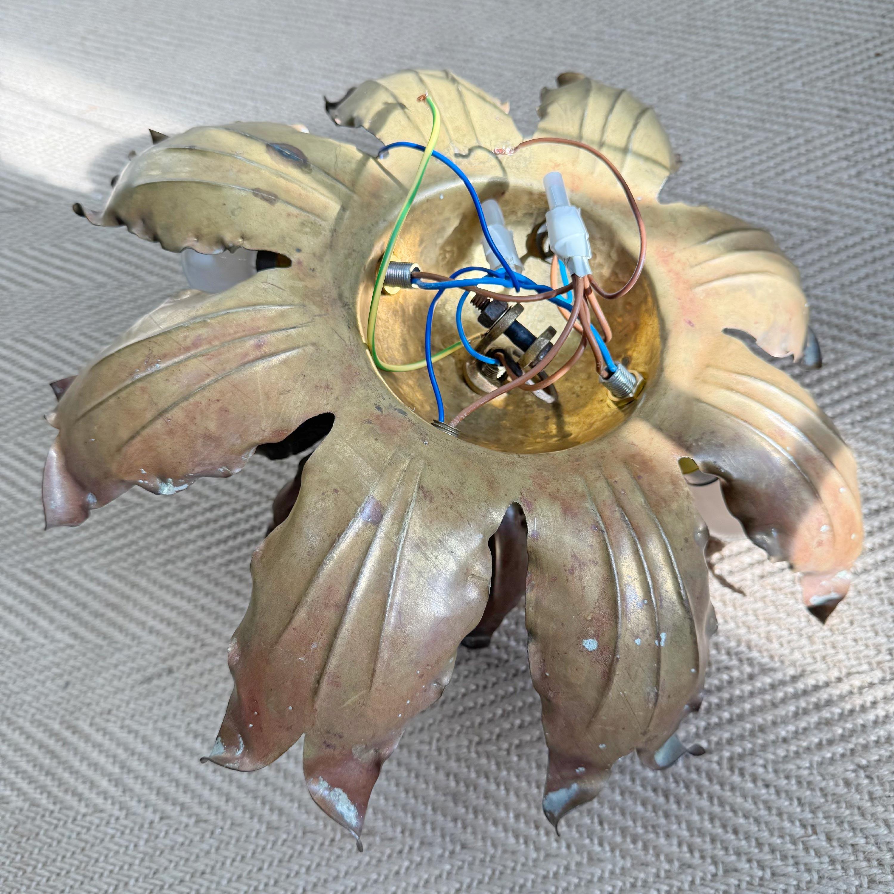 Mid Century Brutalist Copper and Brass Flower Ceiling Light For Sale 11