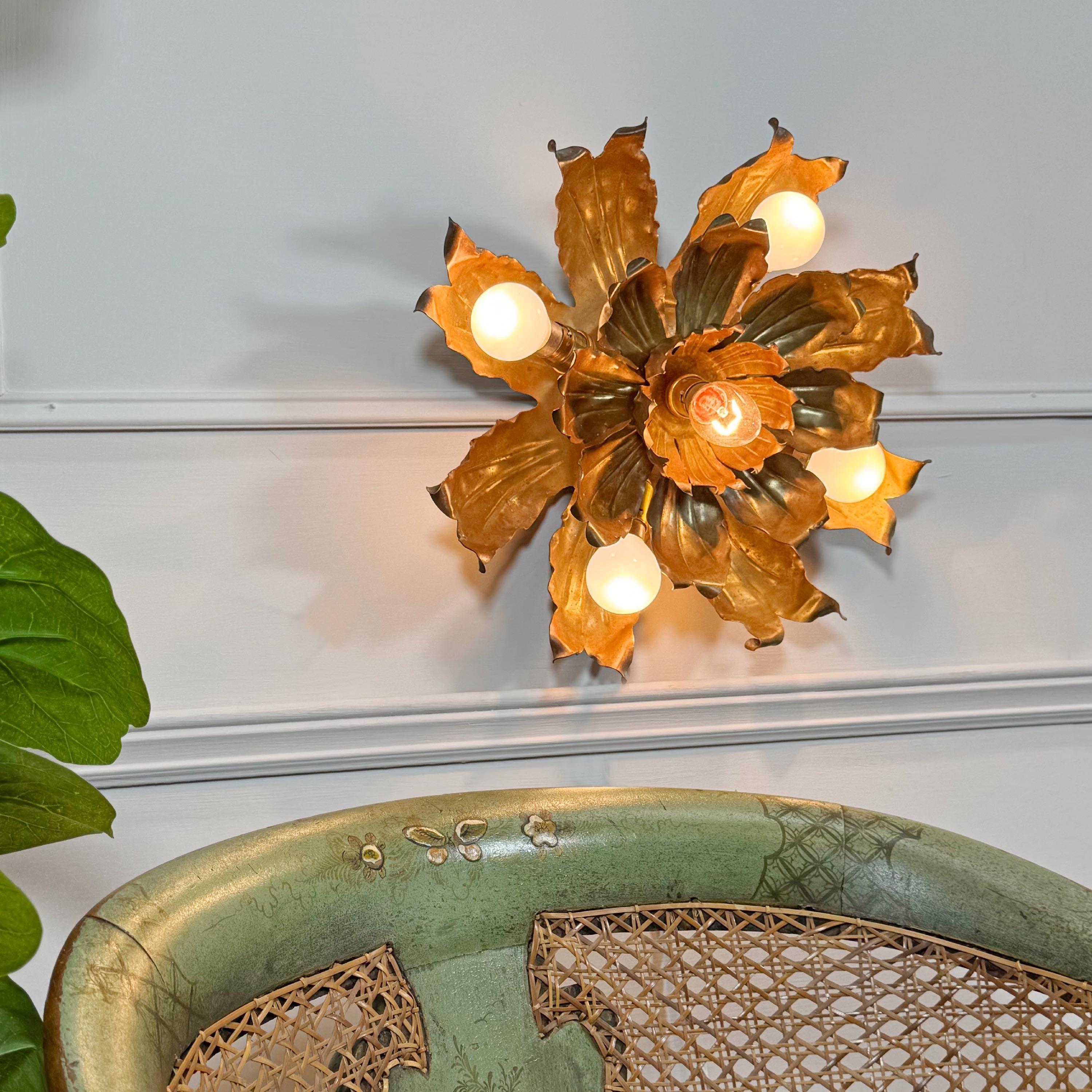Belle Époque Mid Century Brutalist Copper and Brass Flower Ceiling Light For Sale