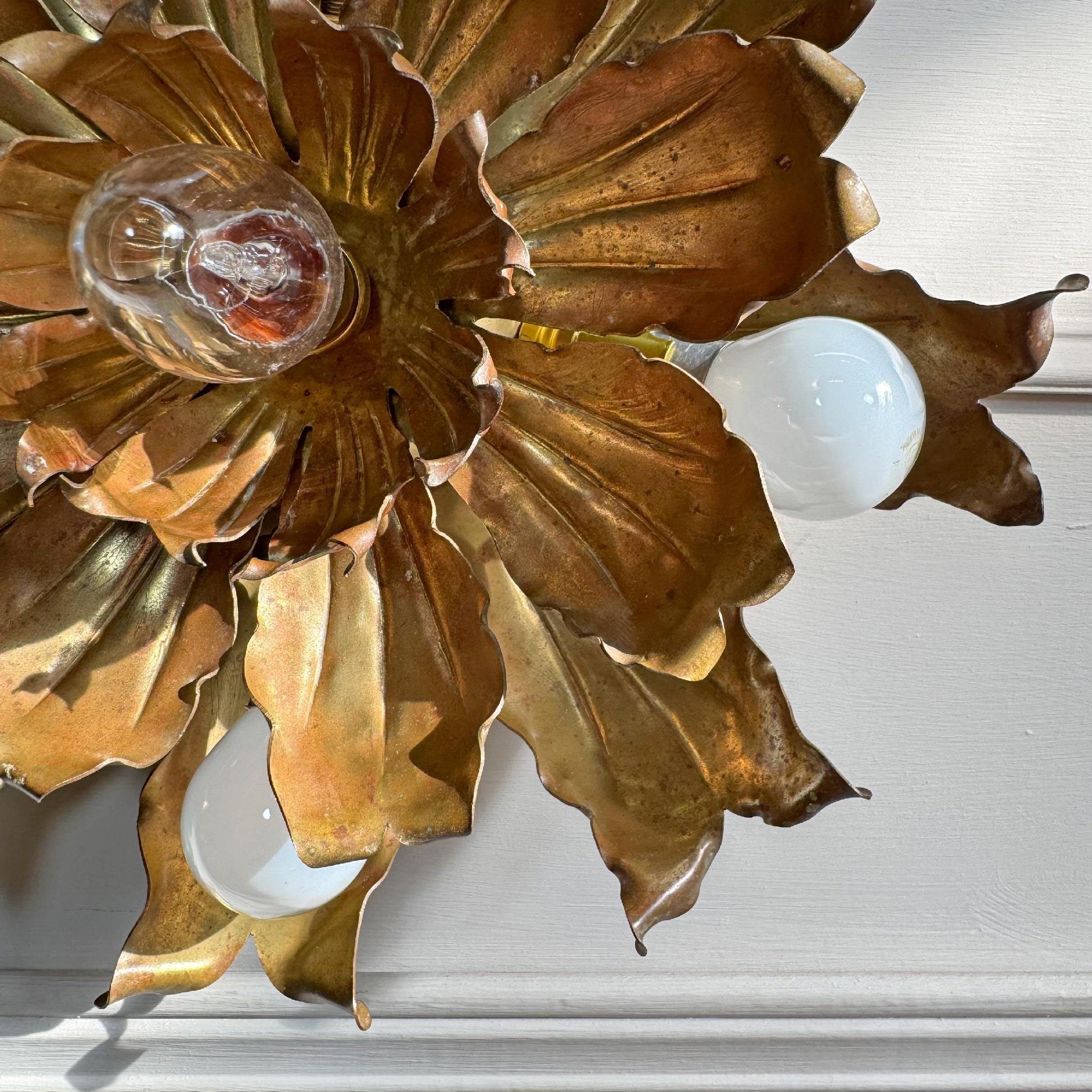 French Mid Century Brutalist Copper and Brass Flower Ceiling Light For Sale