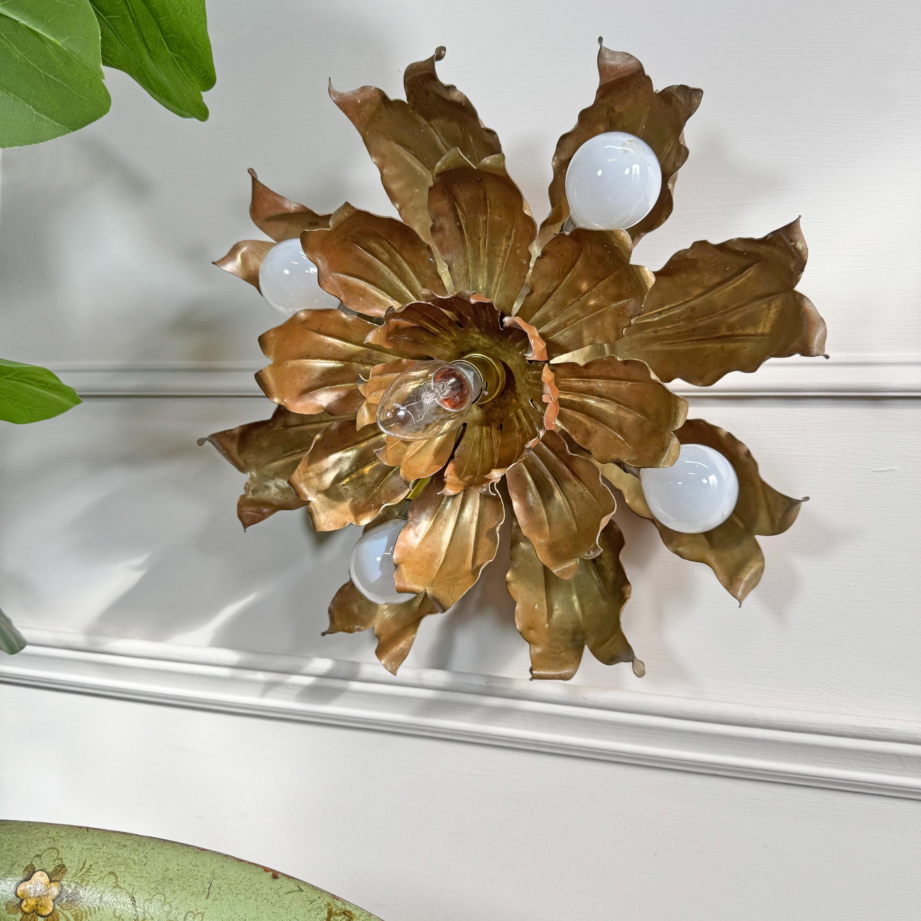 Hand-Crafted Mid Century Brutalist Copper and Brass Flower Ceiling Light For Sale