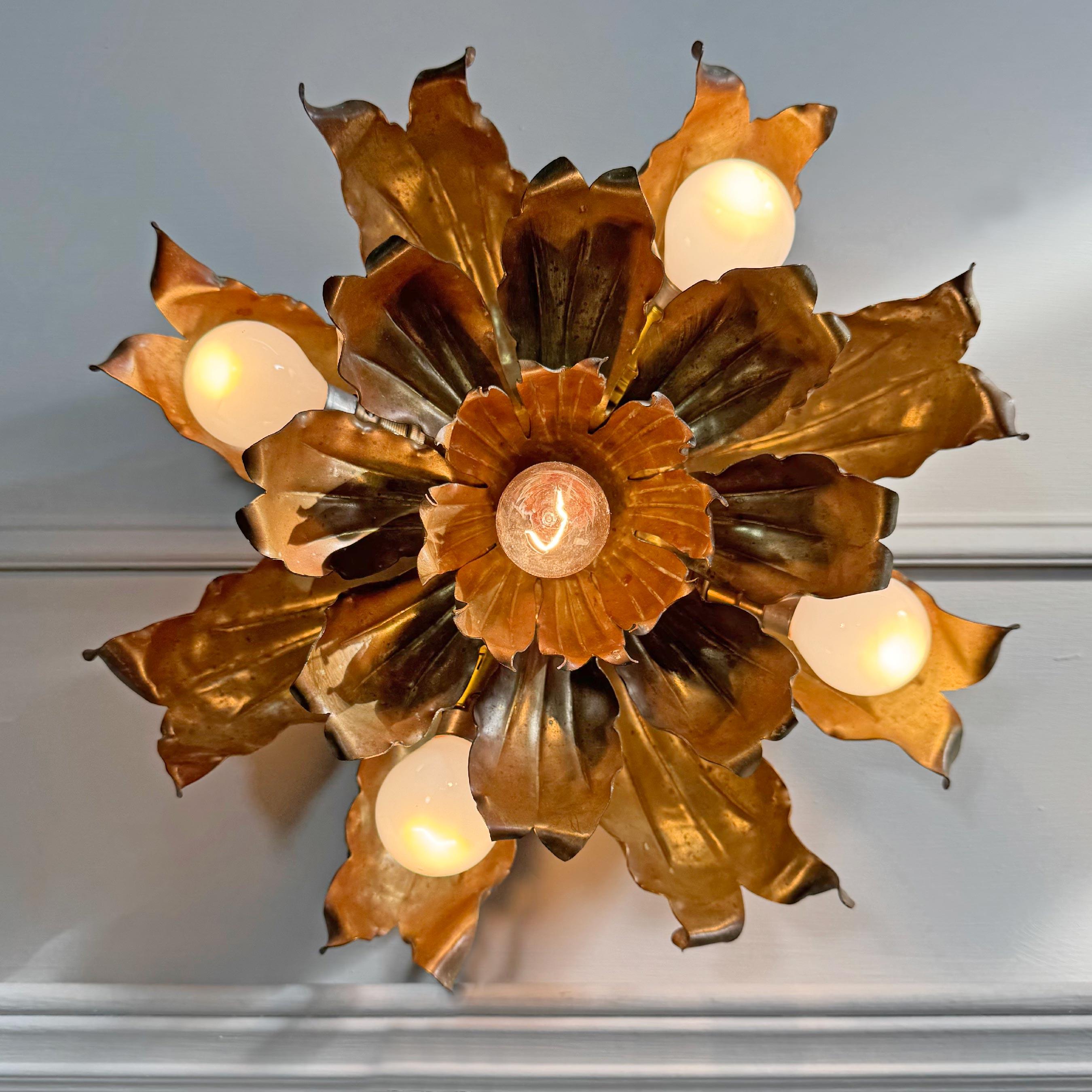 Mid Century Brutalist Copper and Brass Flower Ceiling Light In Good Condition For Sale In Hastings, GB