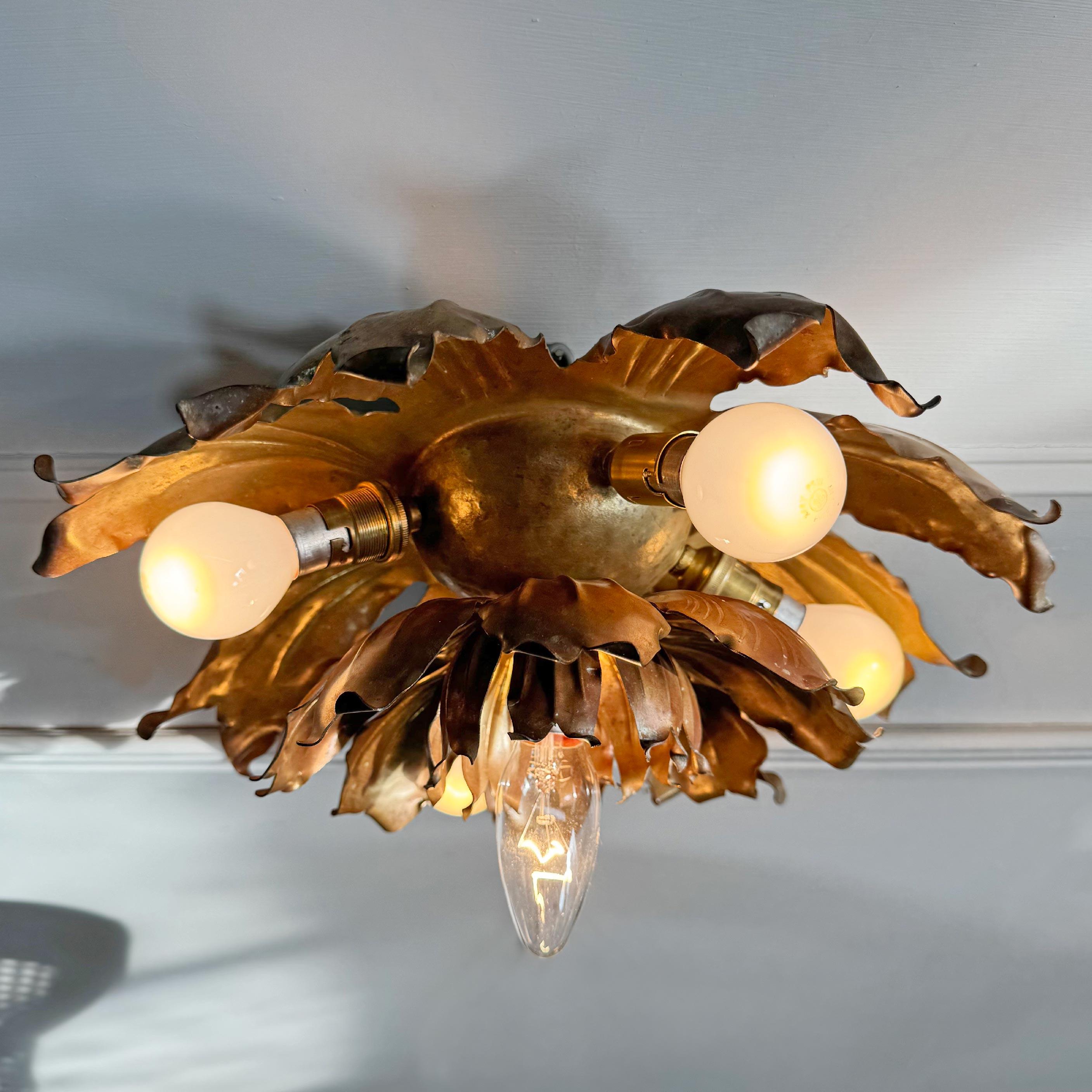 20th Century Mid Century Brutalist Copper and Brass Flower Ceiling Light For Sale