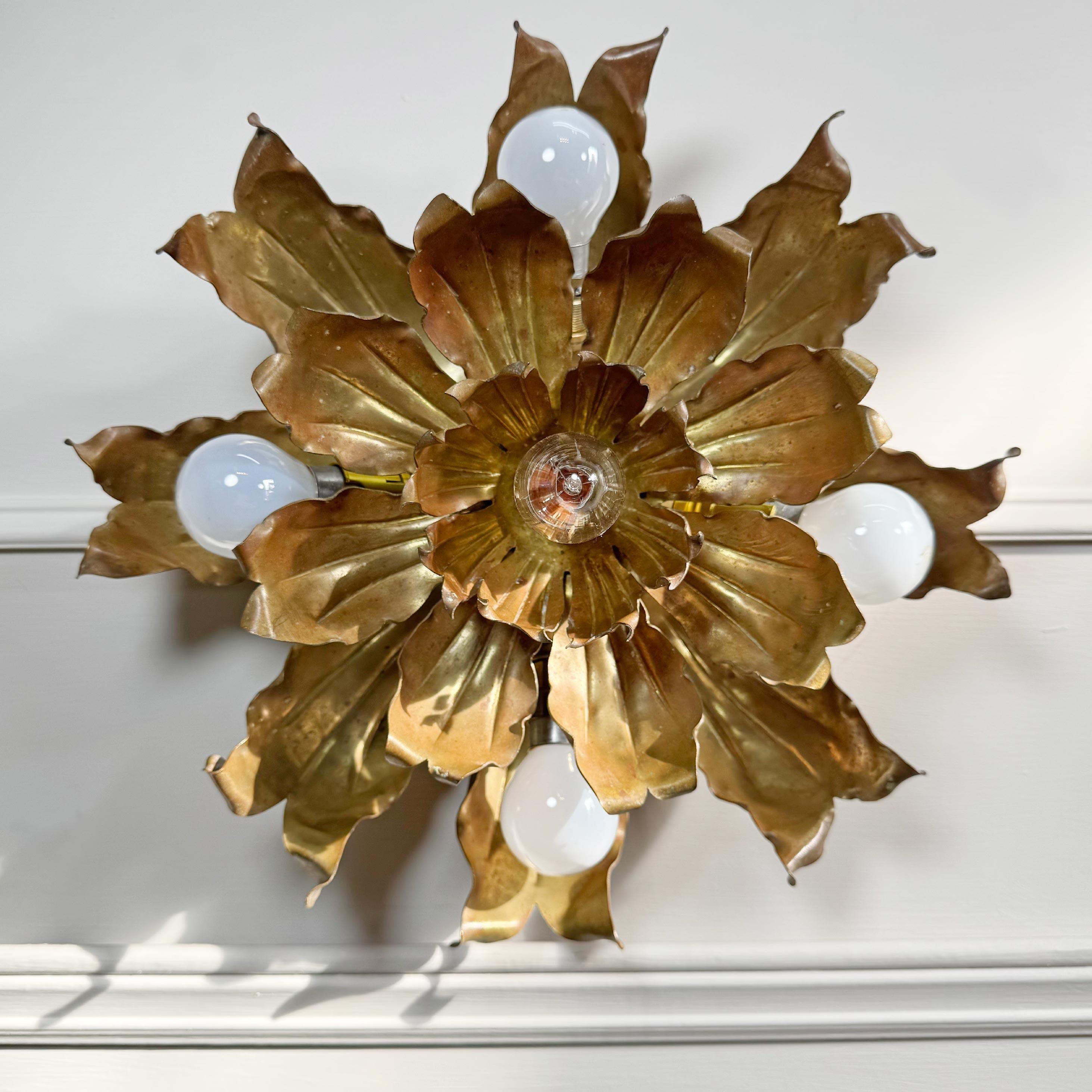 Mid Century Brutalist Copper and Brass Flower Ceiling Light For Sale 1