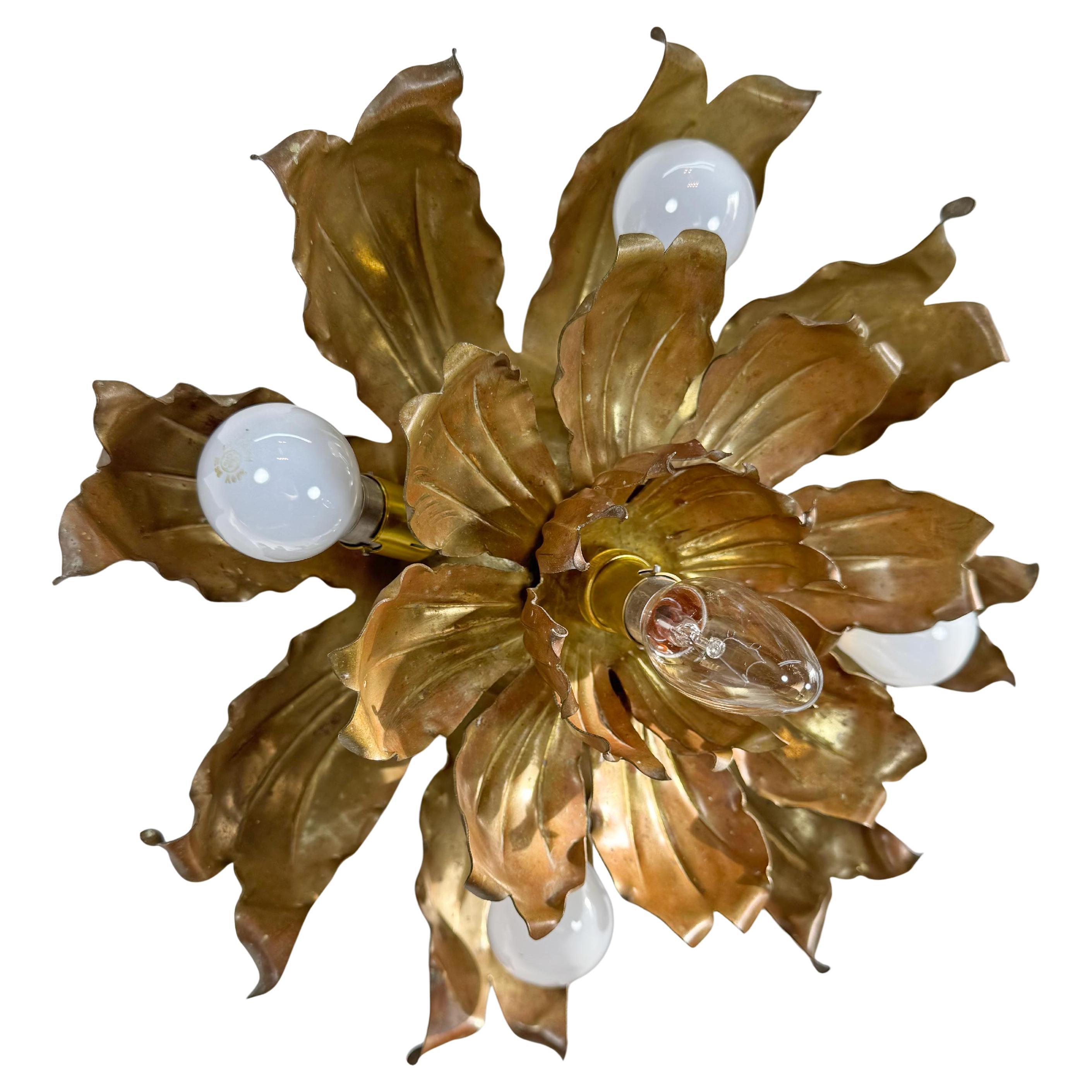 Mid Century Brutalist Copper and Brass Flower Ceiling Light For Sale
