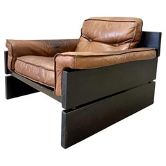 Mid Century Brutalist Danish Pine and Leather Lounge Chair