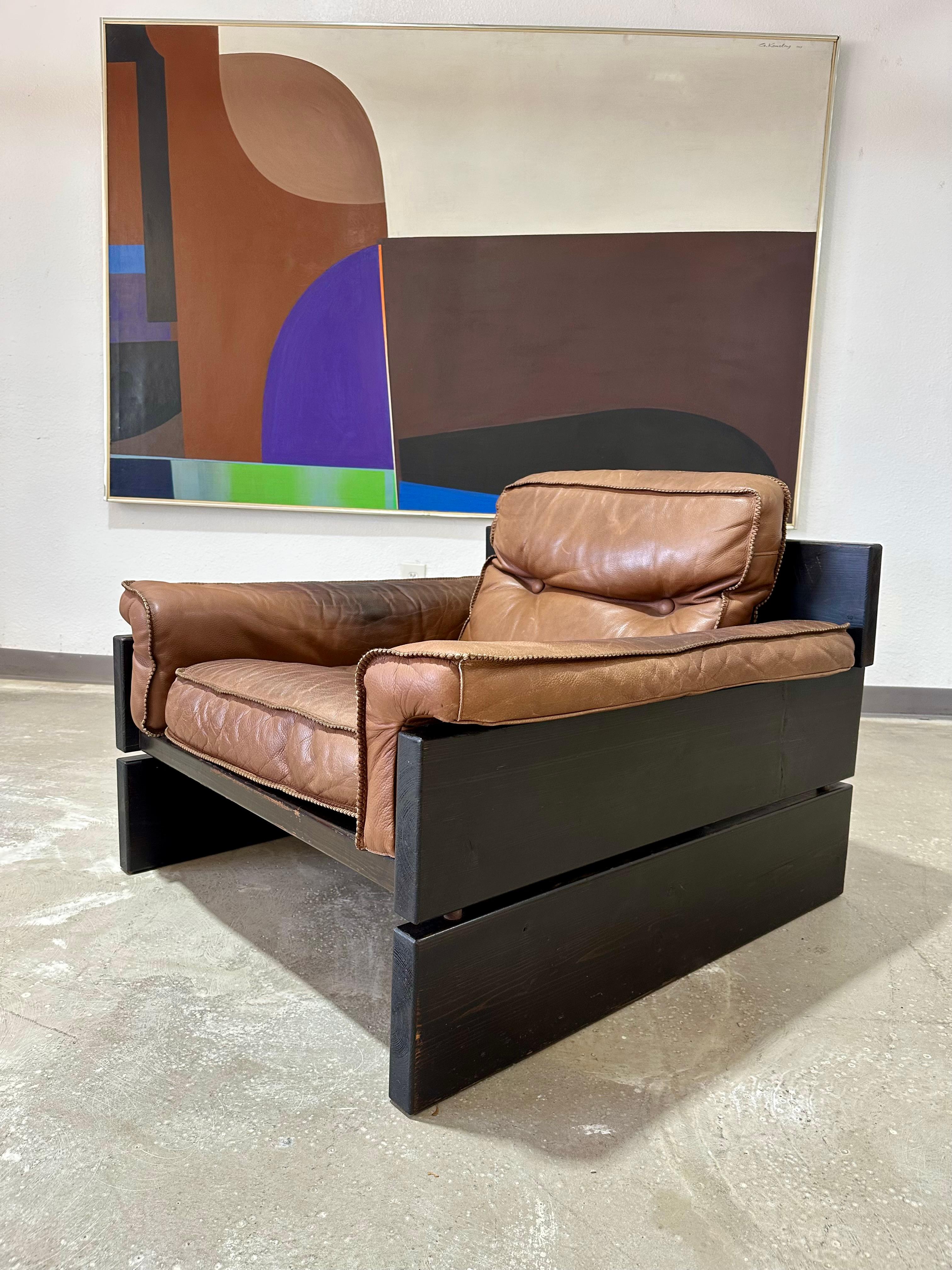 Mid Century Brutalist Danish Pine and Leather Lounge Chair For Sale 4
