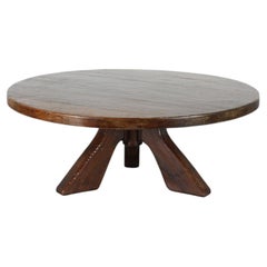 Mid-Century Brutalist Dark Oak Tripod Coffee Table, Pierre Chapo Style