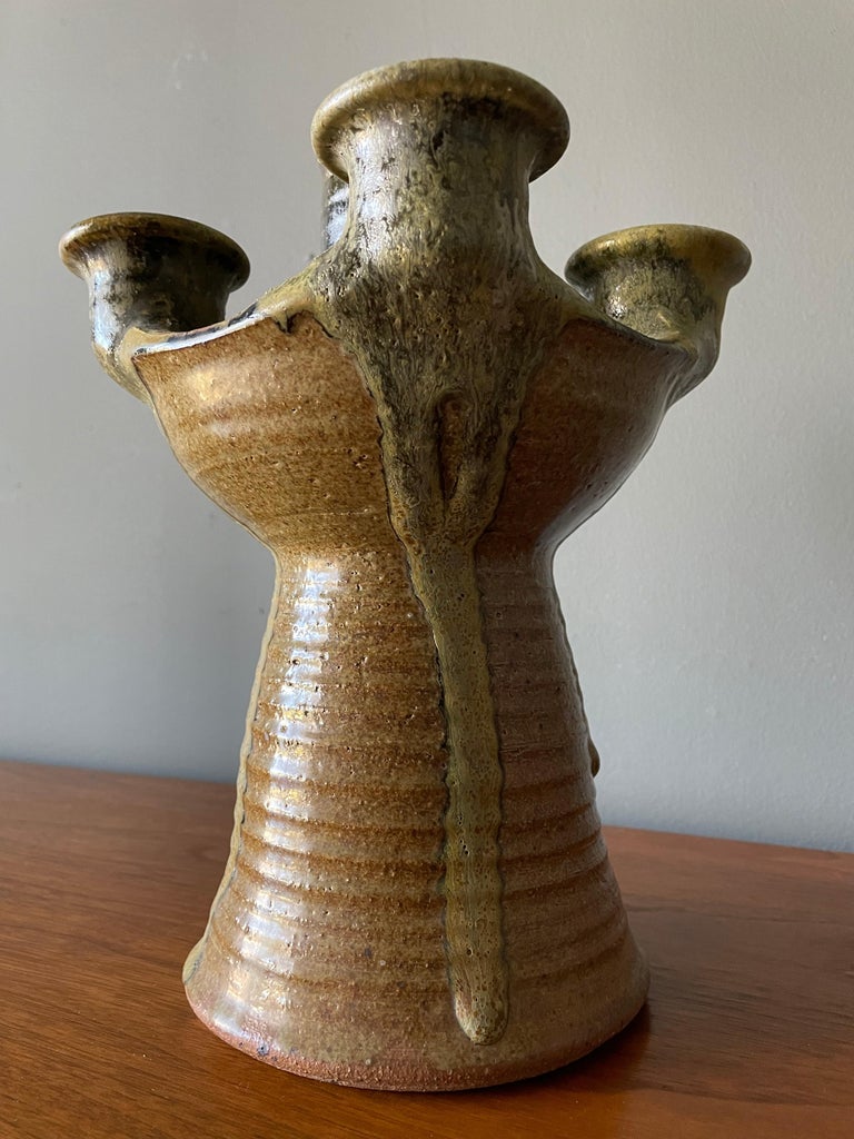 Mid Century Brutalist Drip Glaze Ceramic Candle Holder For Sale at 1stDibs