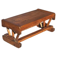 Used Mid Century Brutalist Farmhouse Style Pine Trestle Cocktail Table