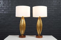 Mid-Century Brutalist "Flame Leaf" Gilt Metal Table Lamps