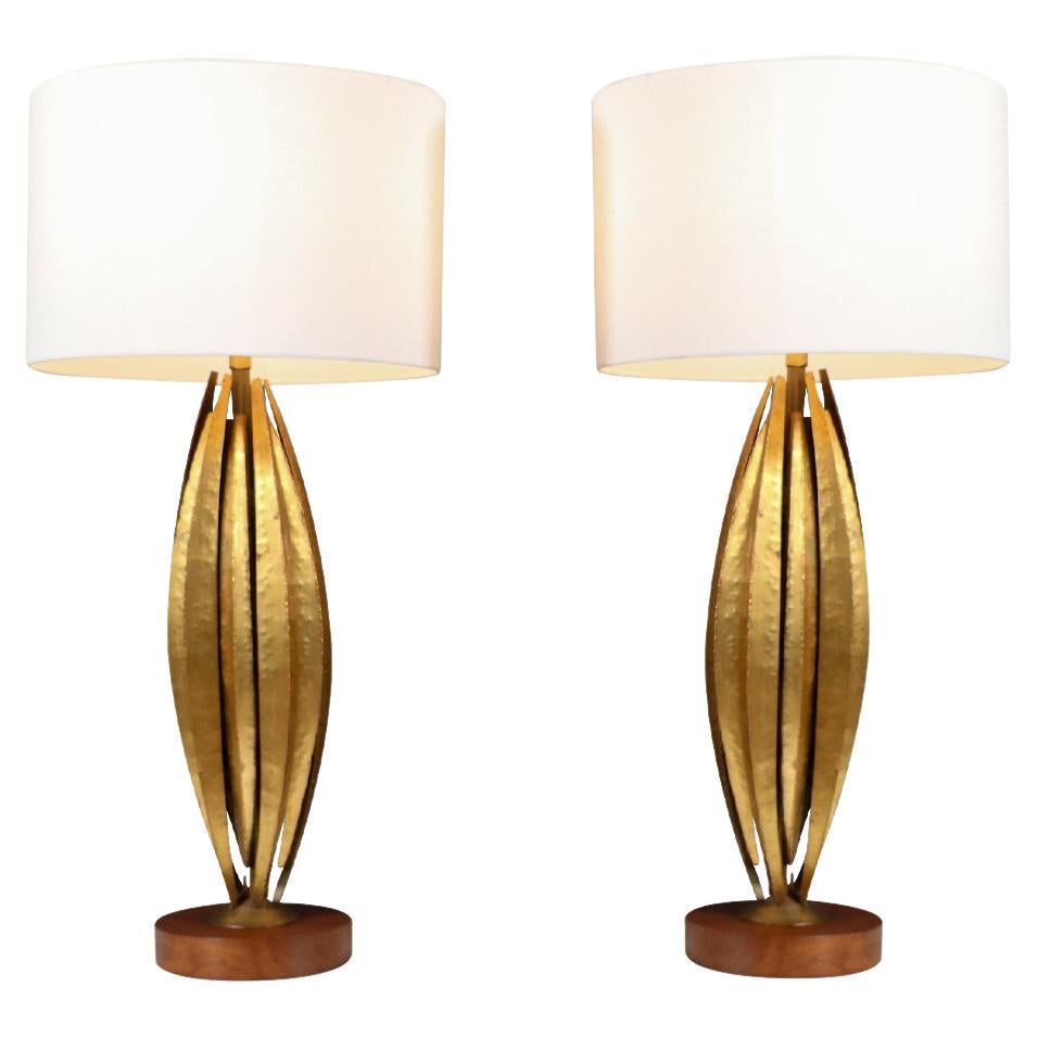 Mid-Century Brutalist "Flame Leaf" Gilt Metal Table Lamps