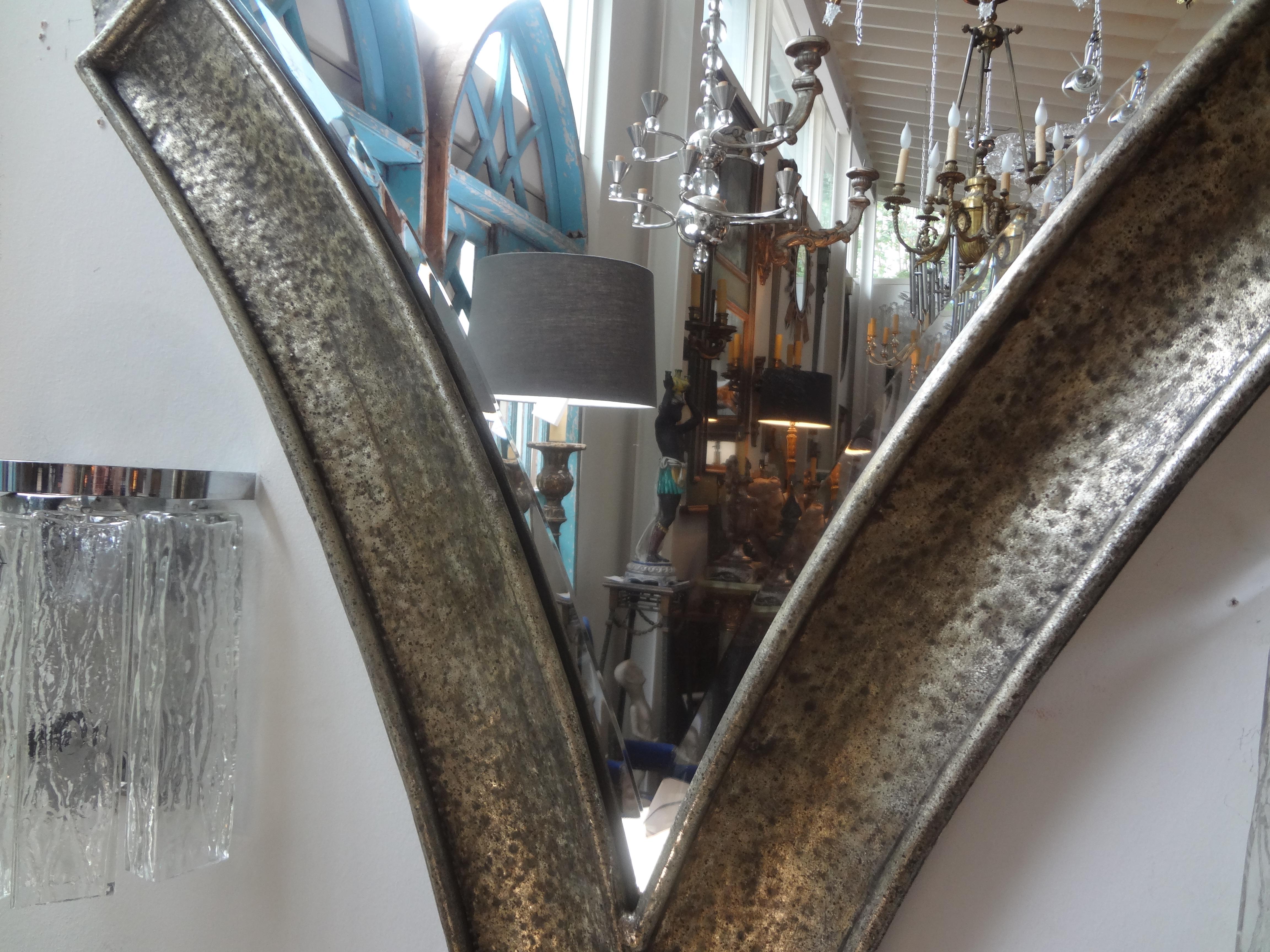 Midcentury Brutalist Hammered Metal Beveled Mirror In Good Condition For Sale In Houston, TX