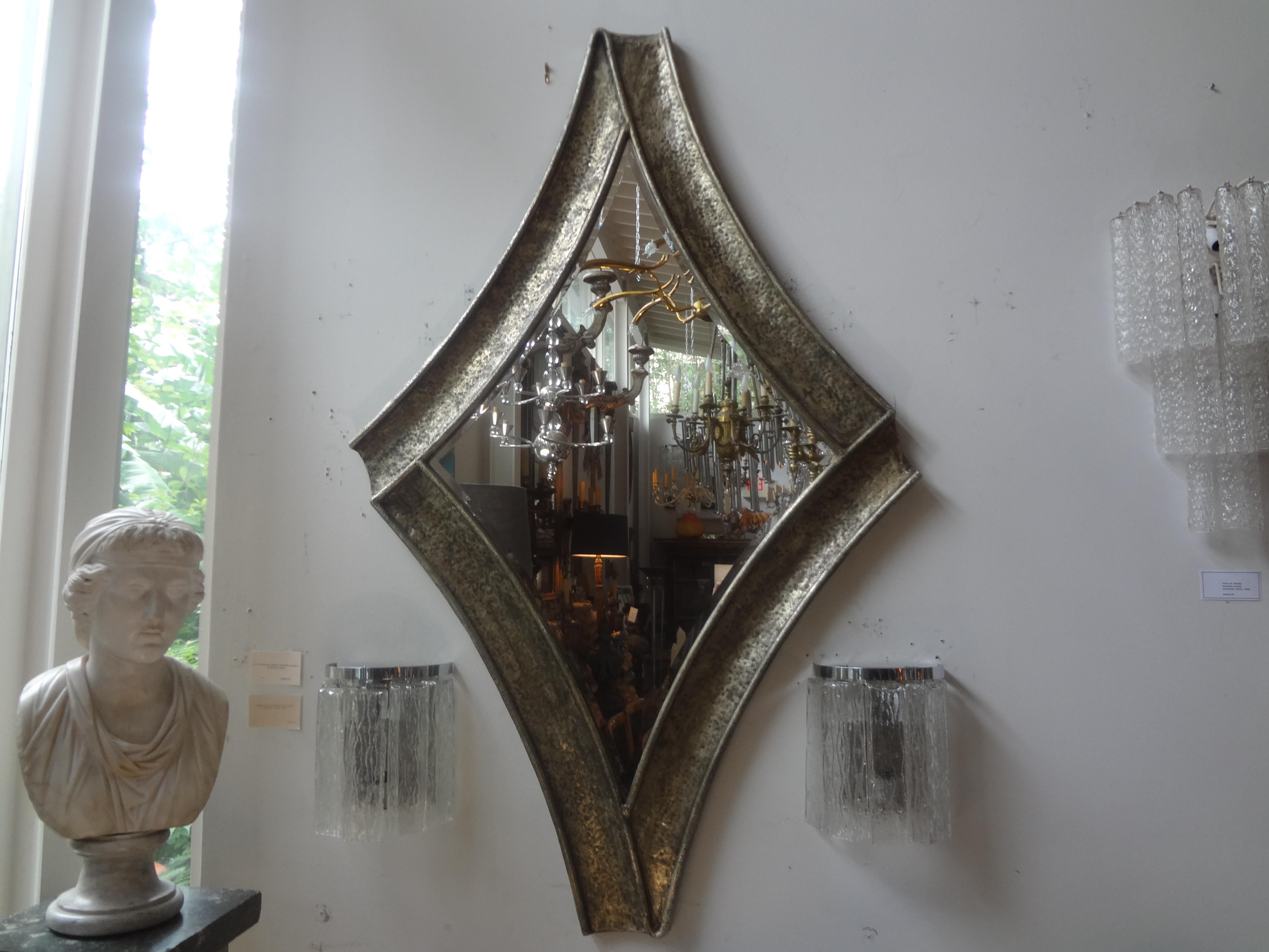 Midcentury Brutalist Hammered Metal Beveled Mirror For Sale 2